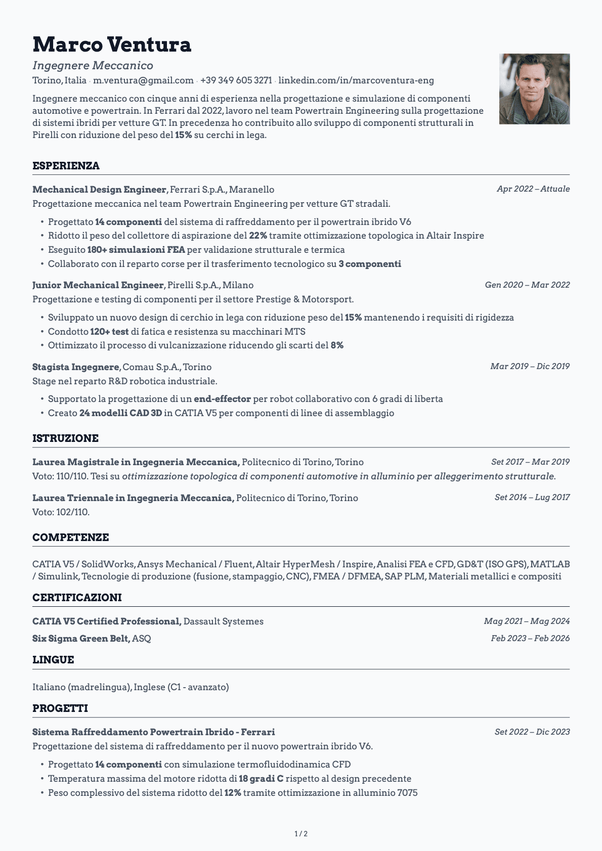Ingegnere Meccanico resume example
