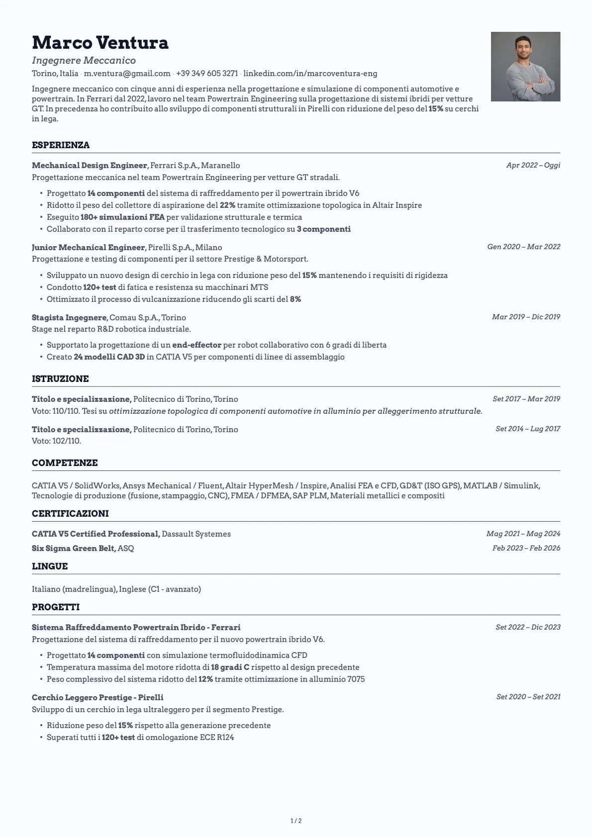 Ingegnere Meccanico resume example