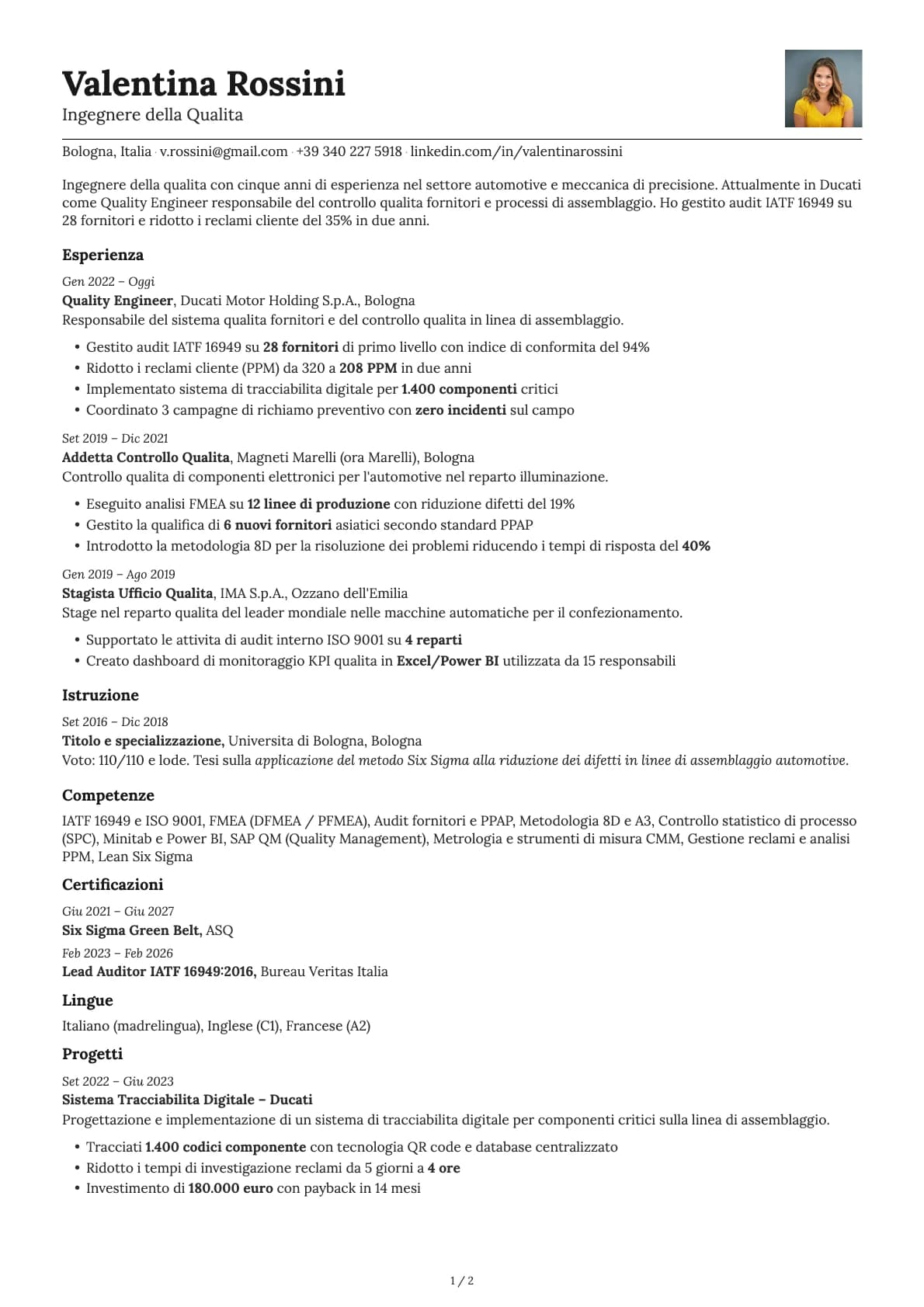 Ingegnere della Qualita resume example