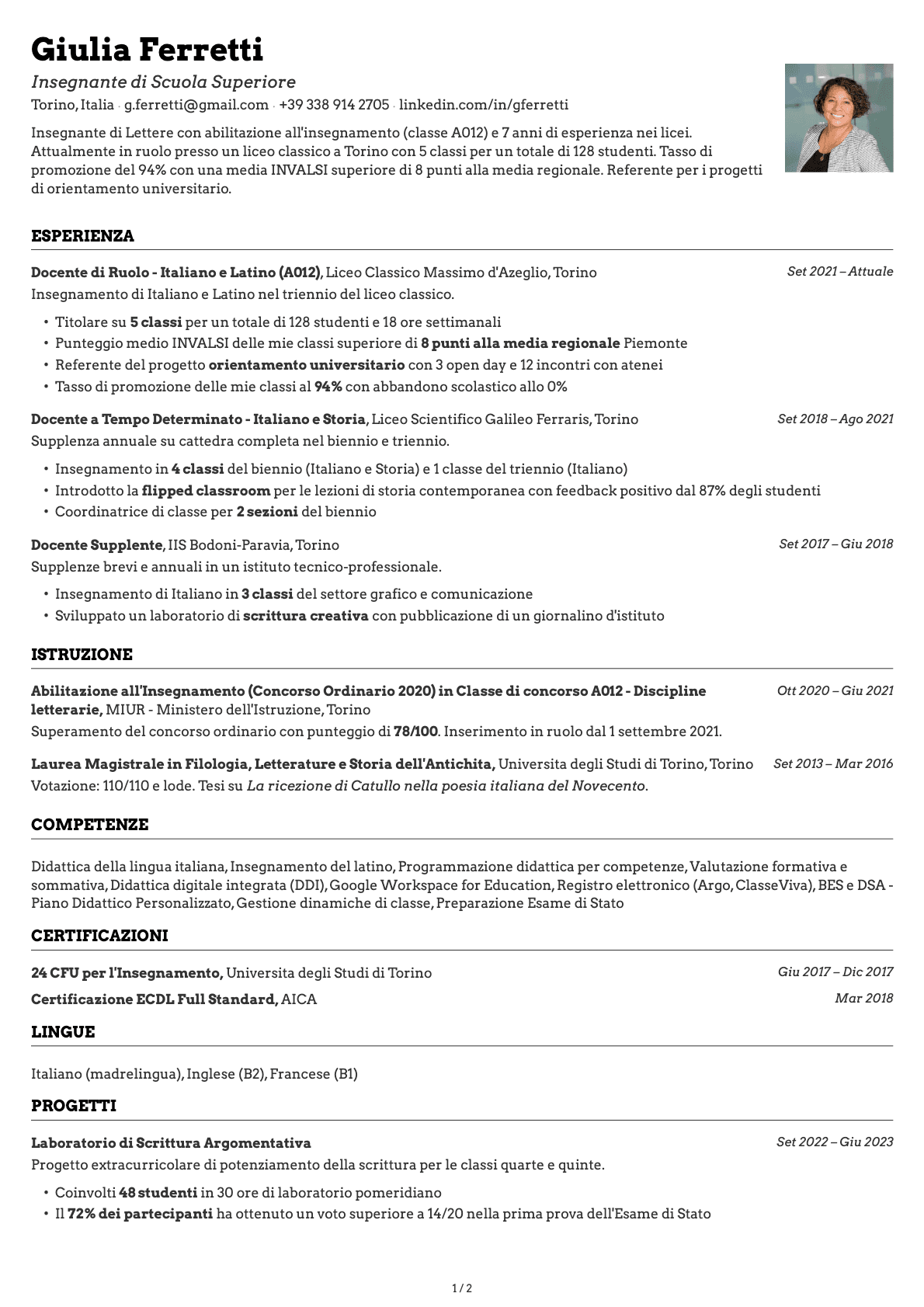 Insegnante di Scuola Superiore resume example