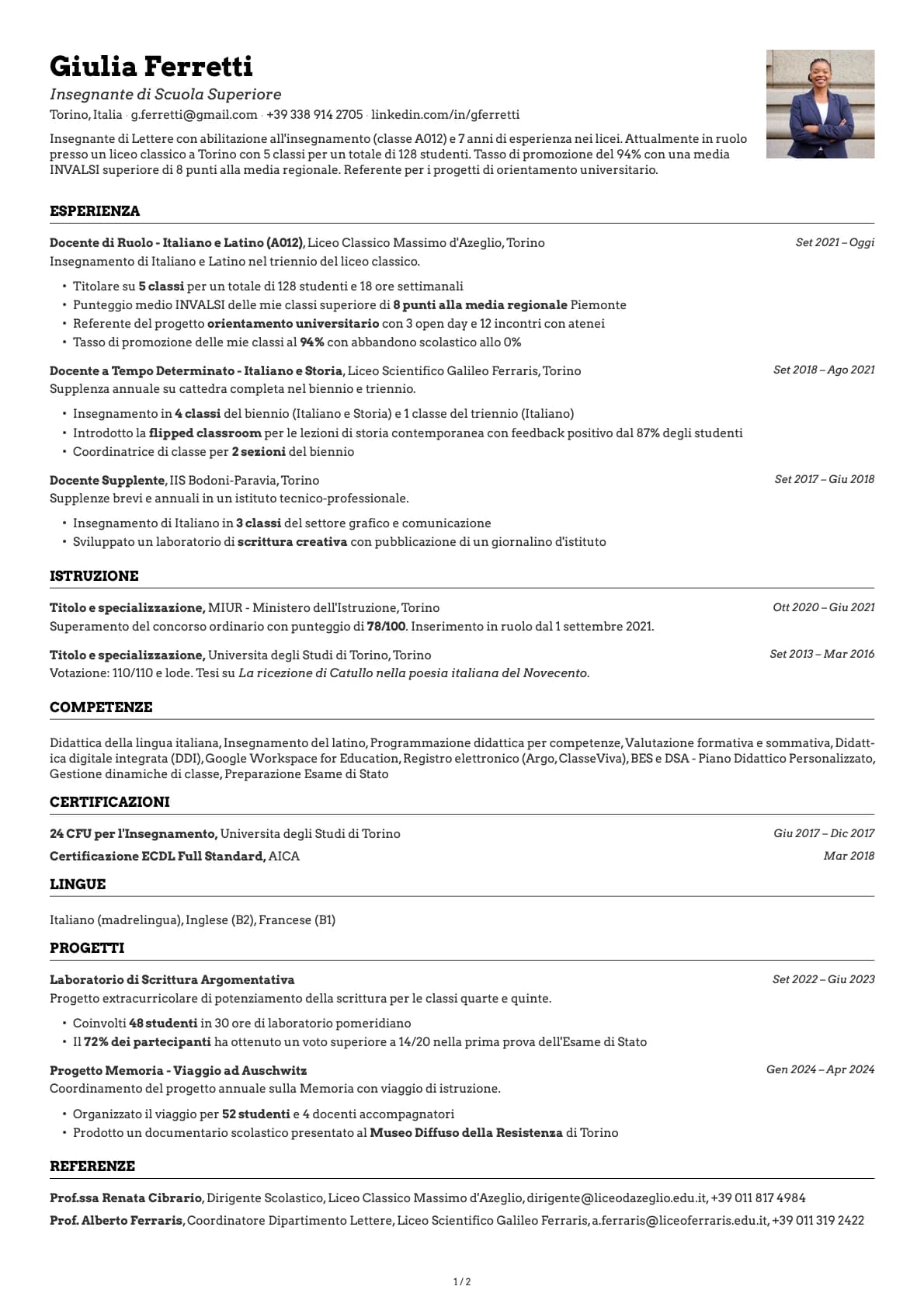 Insegnante di Scuola Superiore resume example