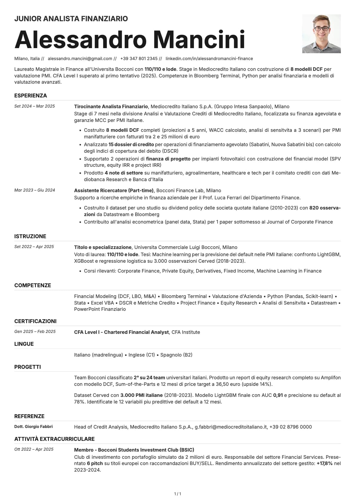 Junior Analista Finanziario resume example