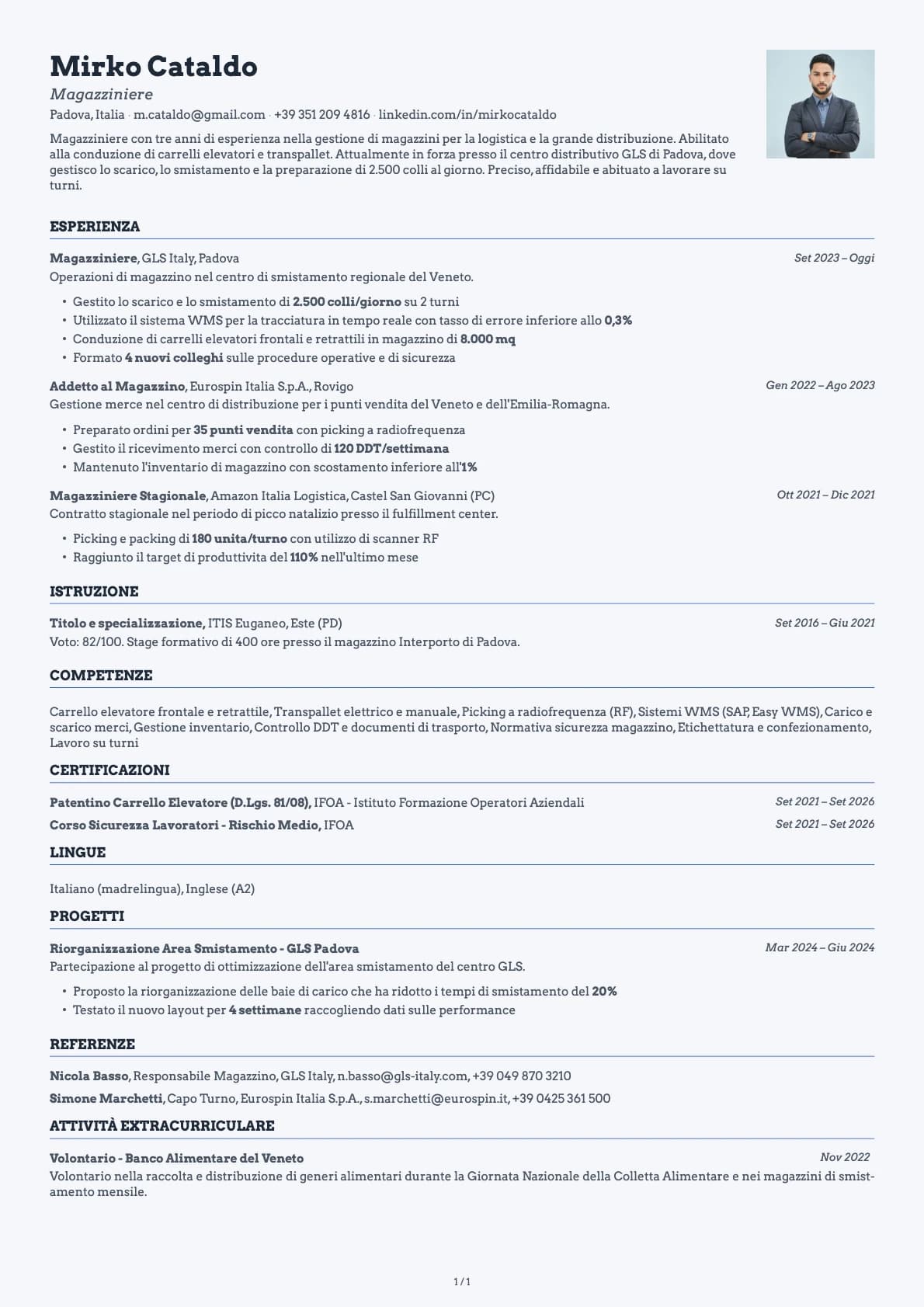 Magazziniere resume example