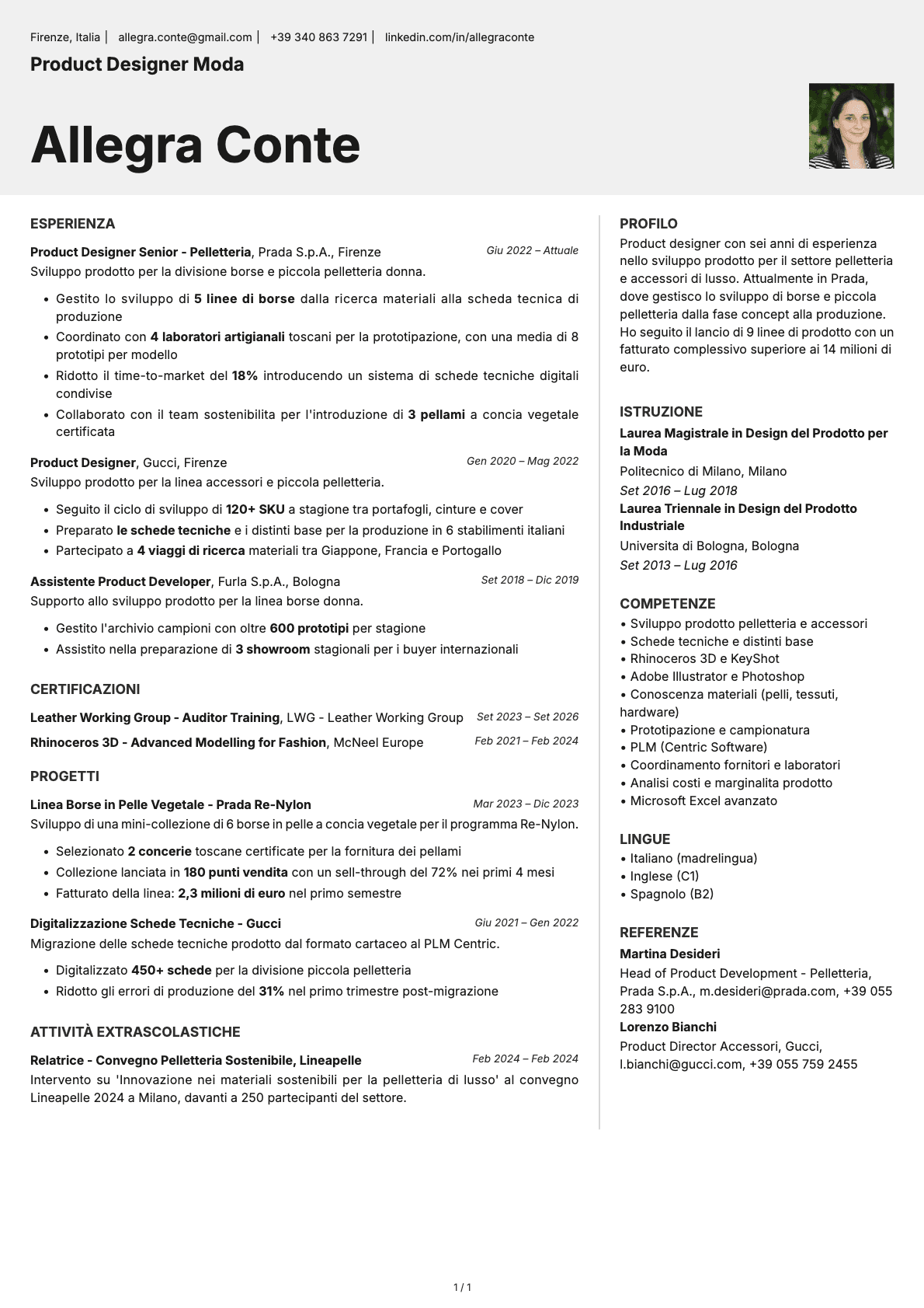Product Designer Moda resume example