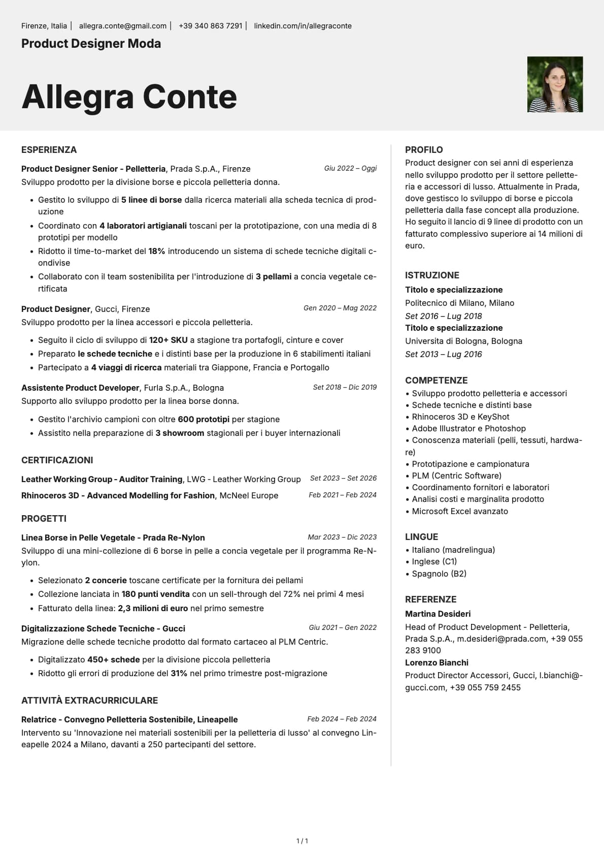 Product Designer Moda resume example