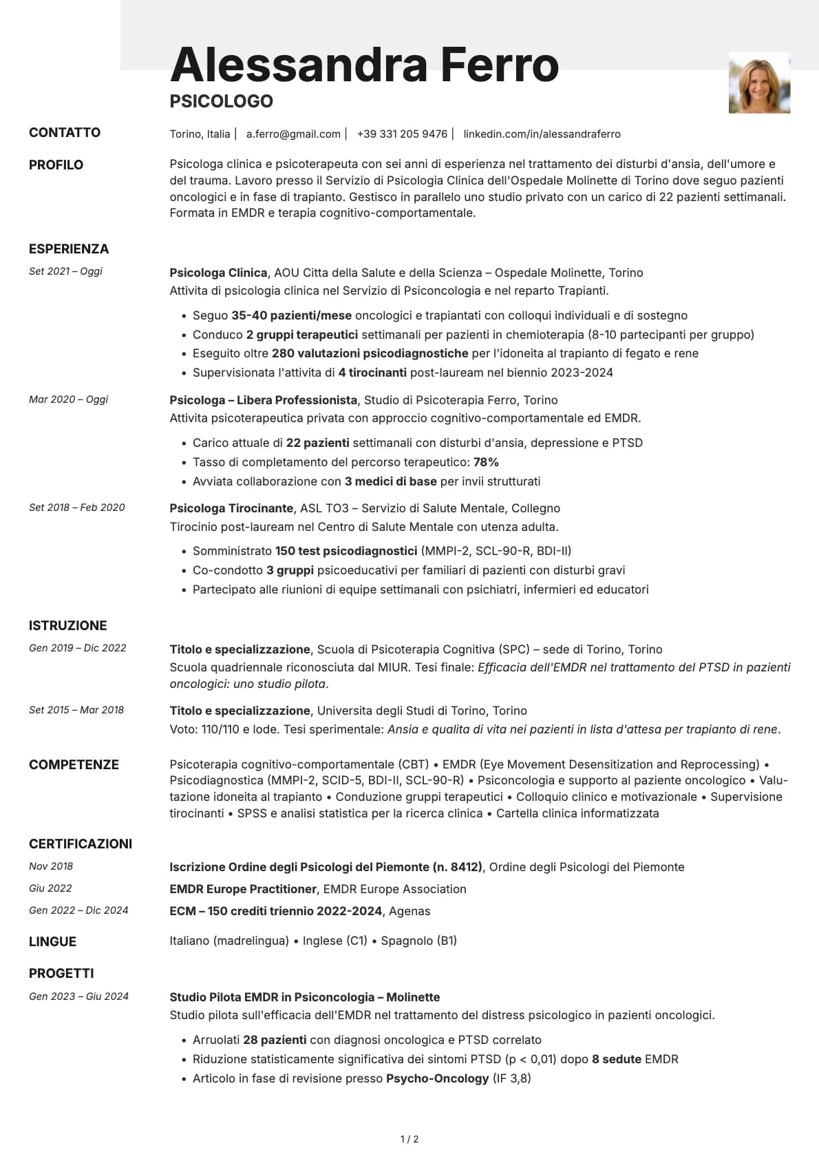 Psicologo resume example