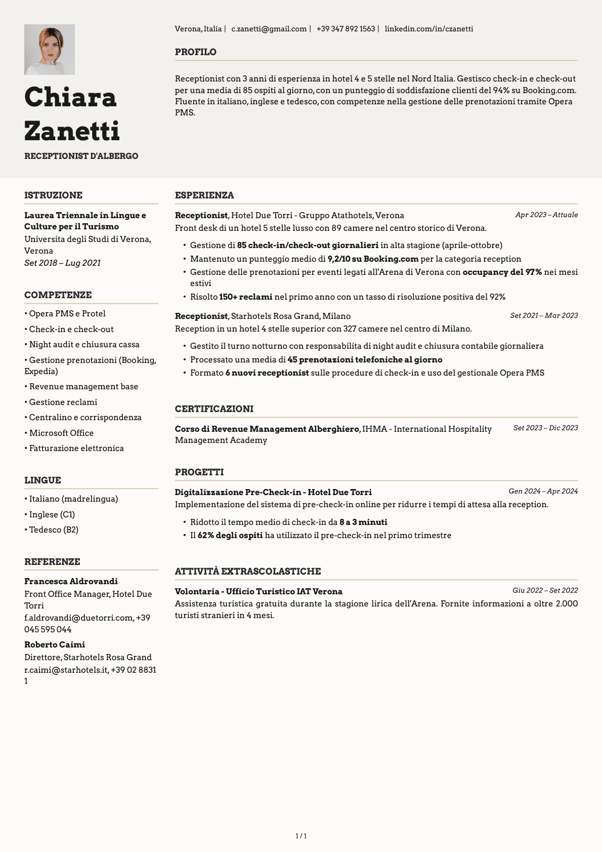 Receptionist d'Albergo resume example