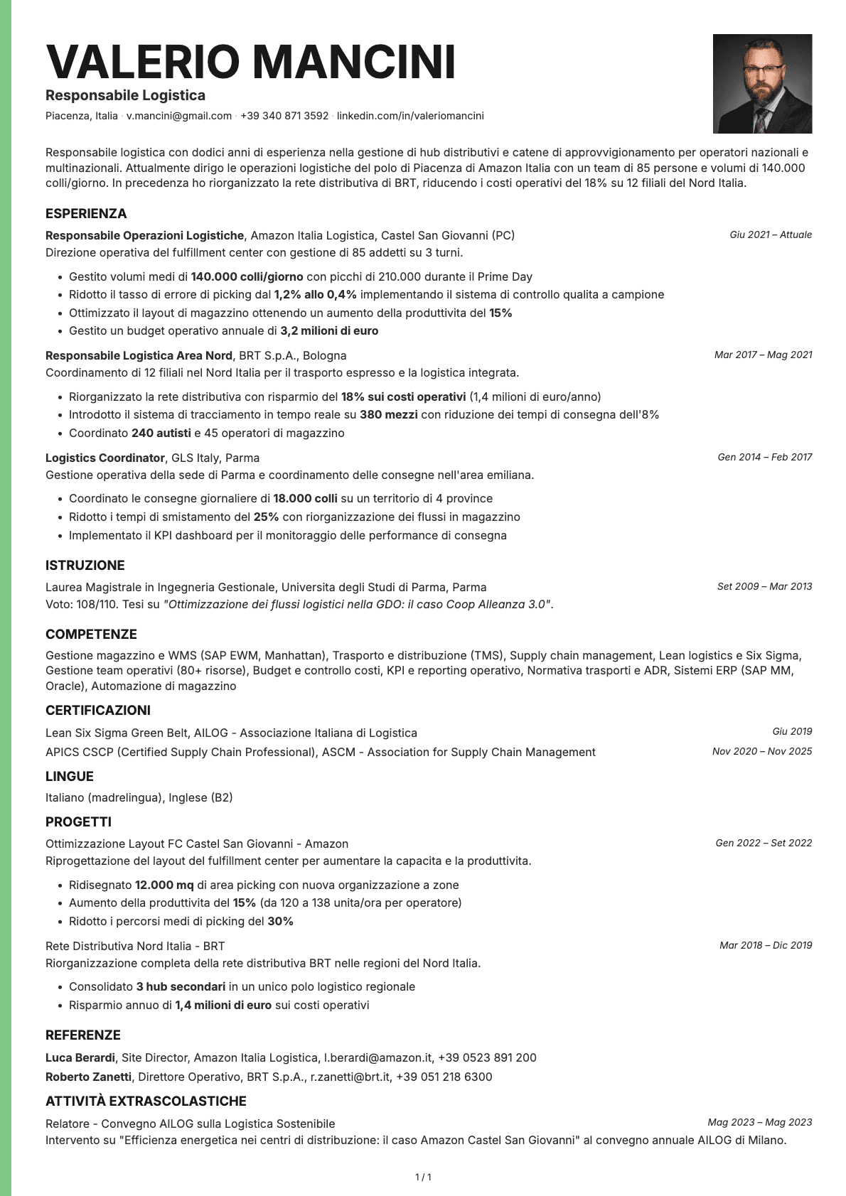 Responsabile Logistica resume example