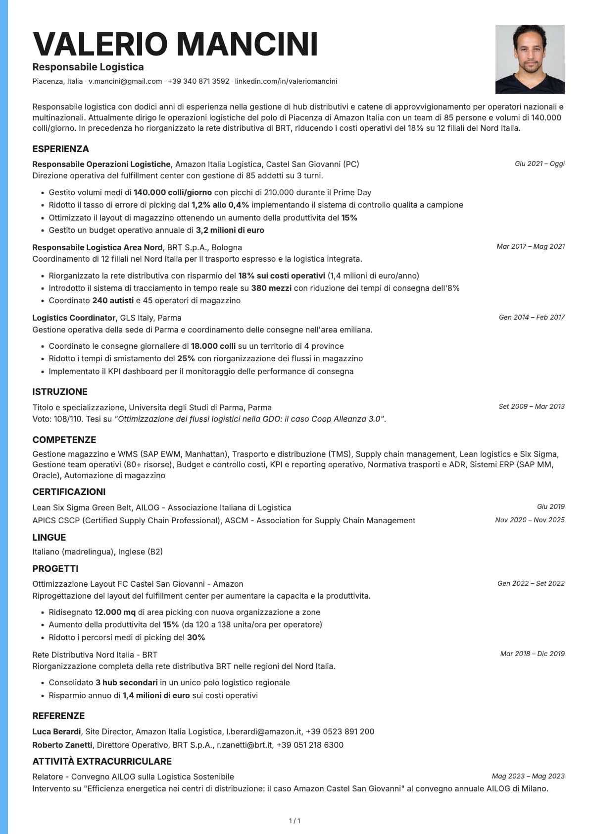Responsabile Logistica resume example