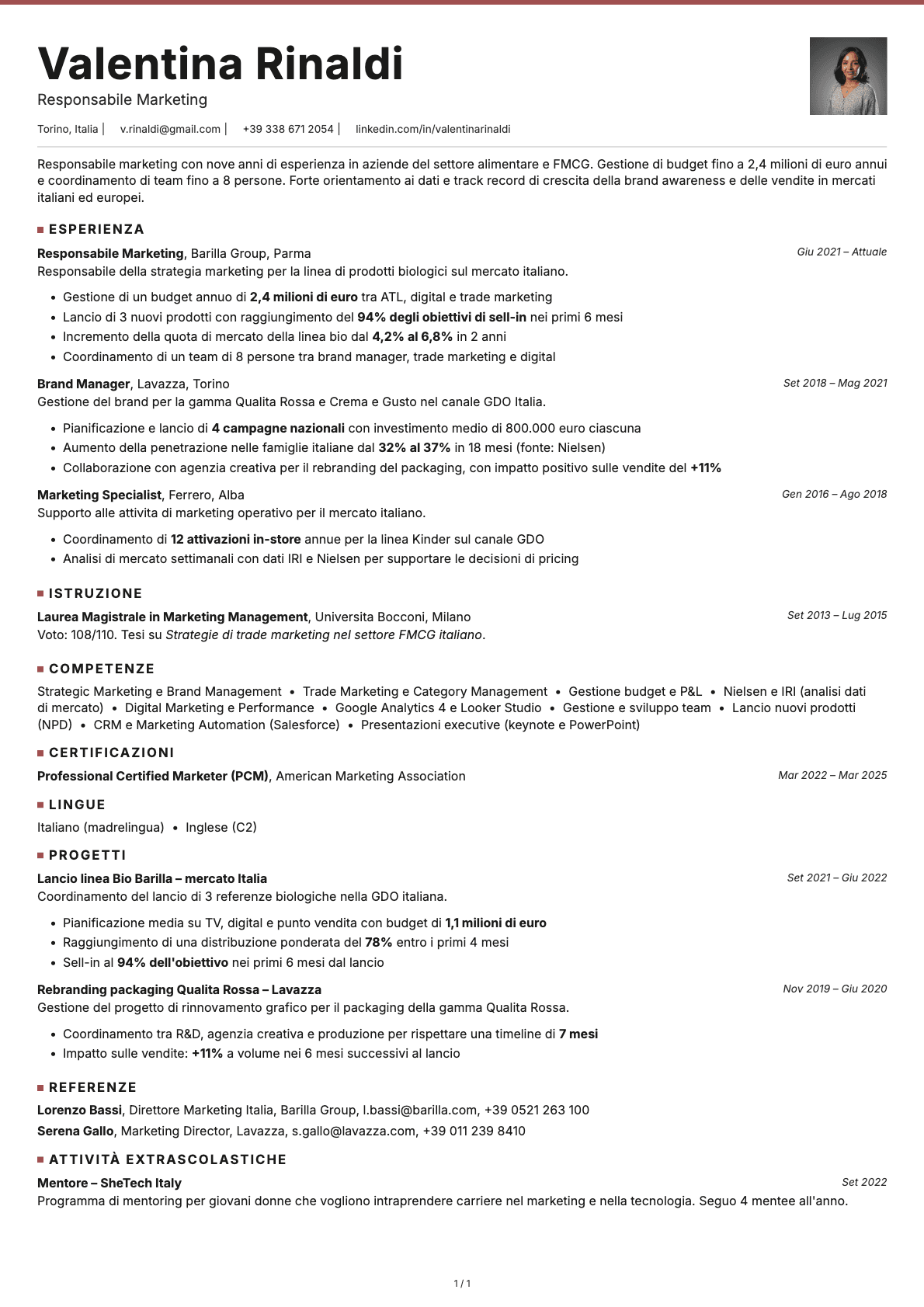 Responsabile Marketing resume example