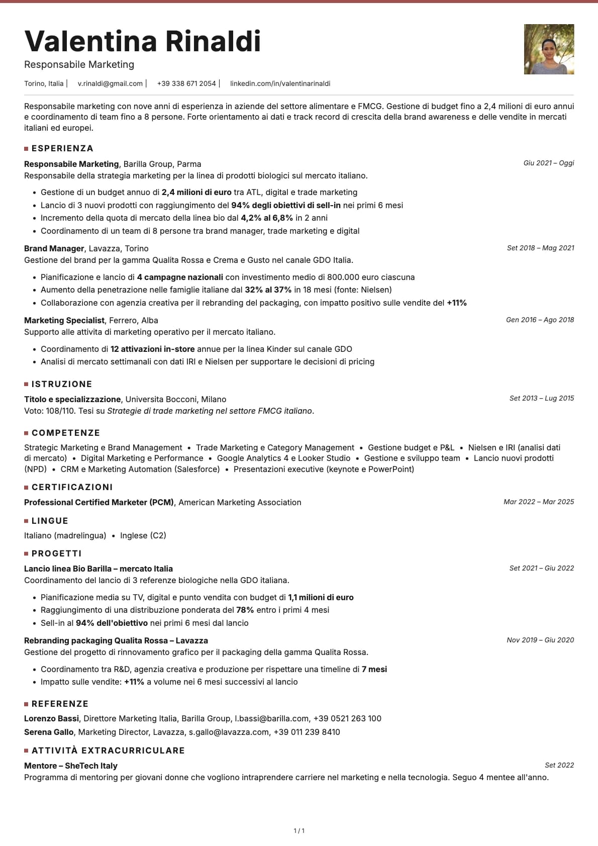 Responsabile Marketing resume example