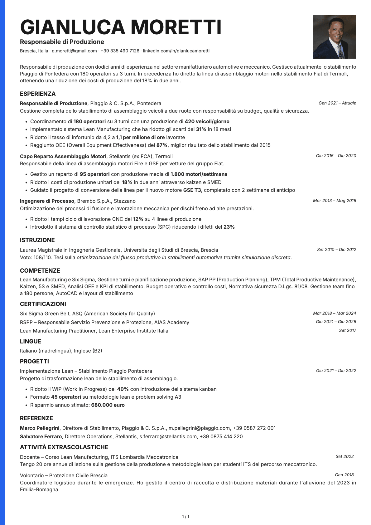 Responsabile di Produzione resume example