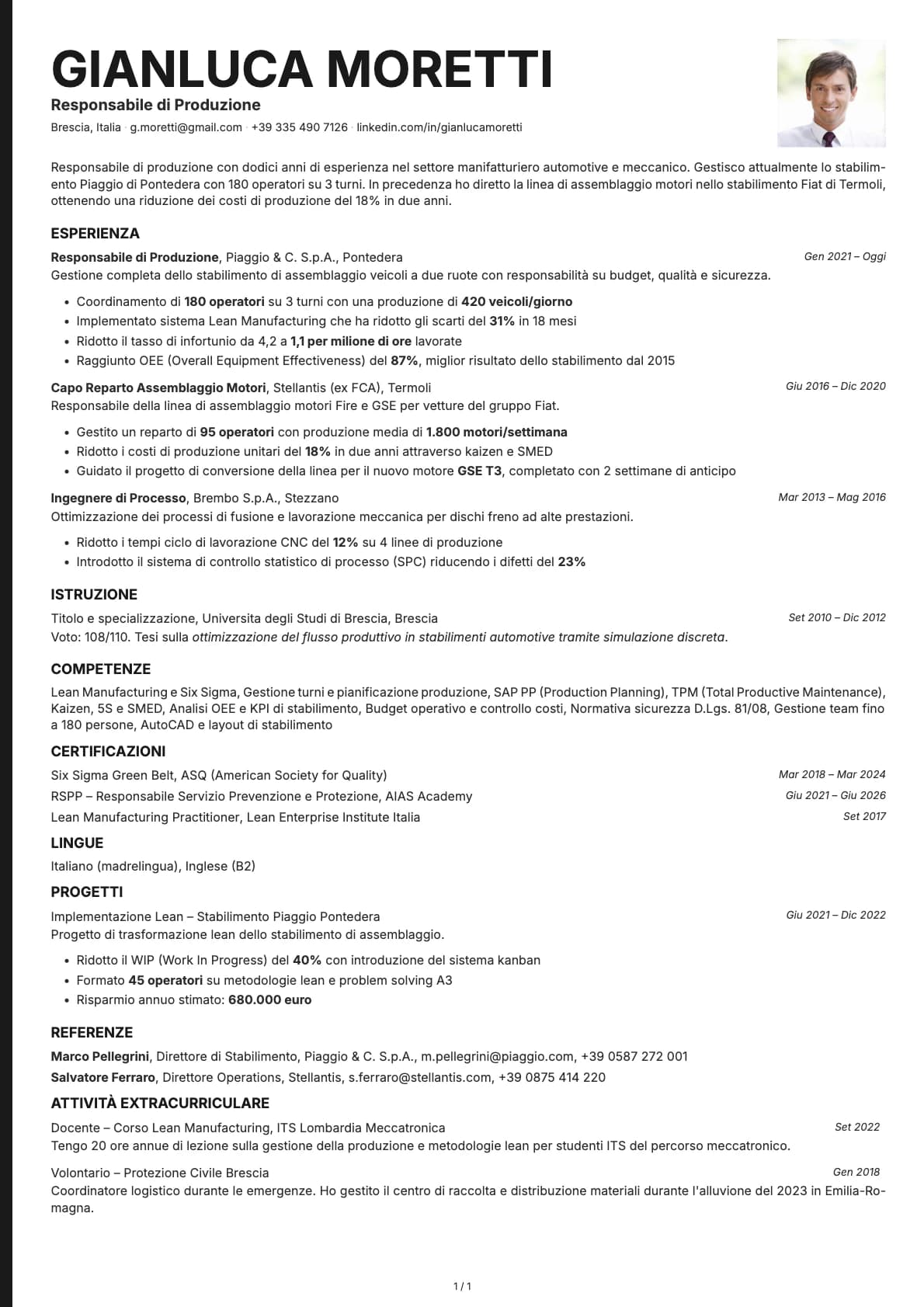 Responsabile di Produzione resume example