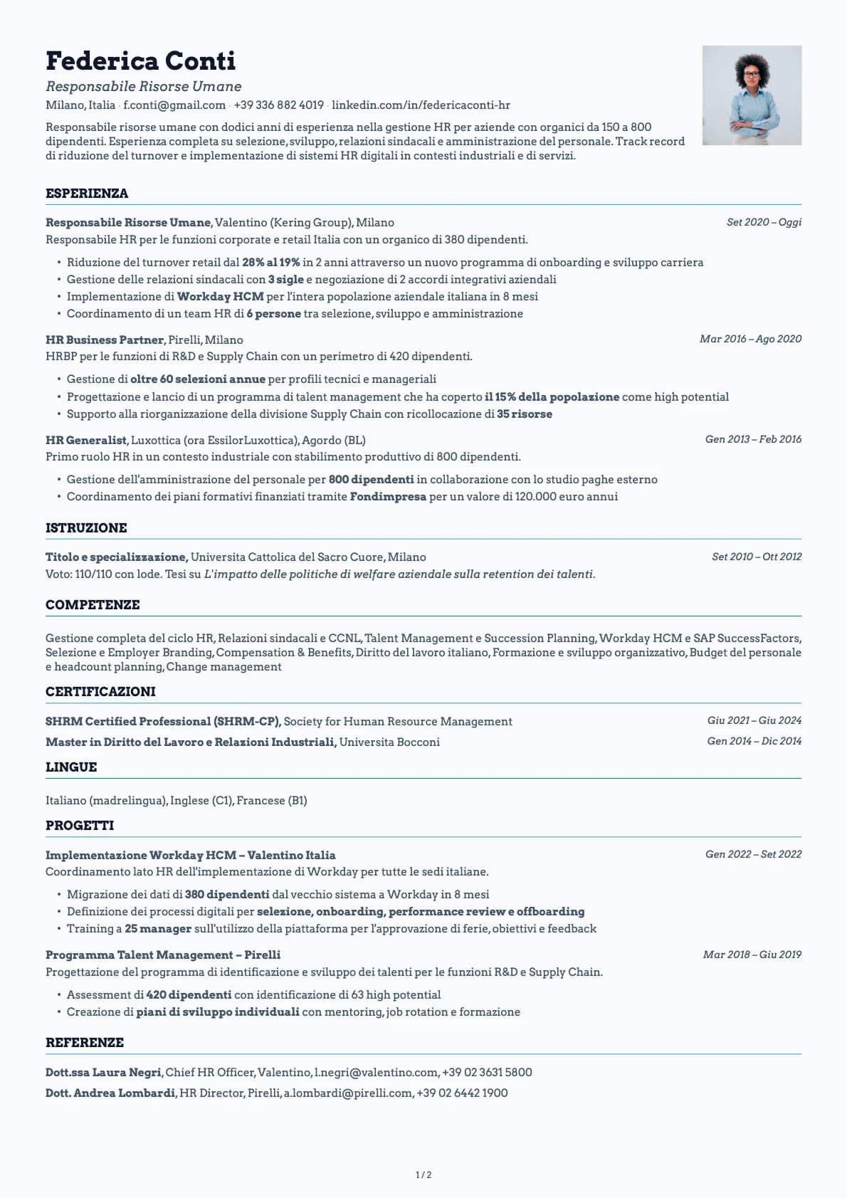 Responsabile Risorse Umane resume example