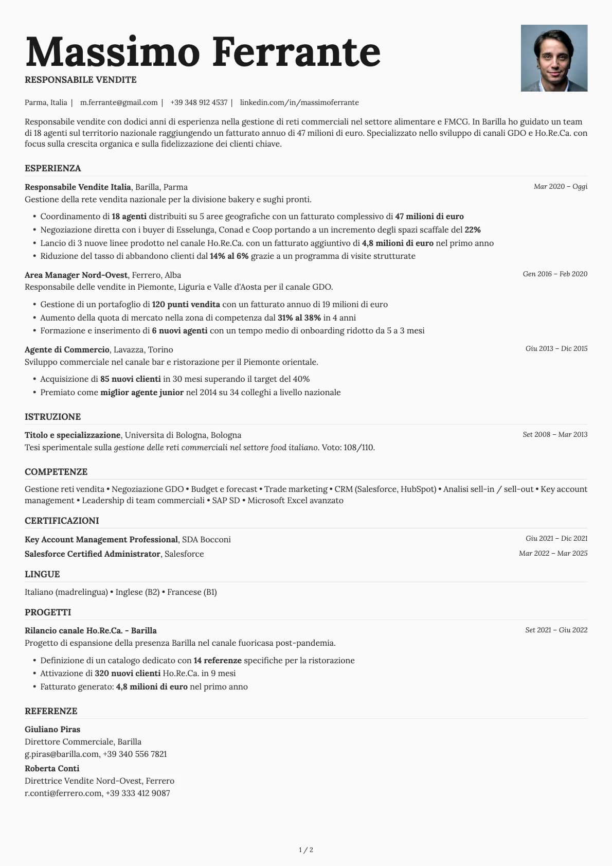 Responsabile Vendite resume example