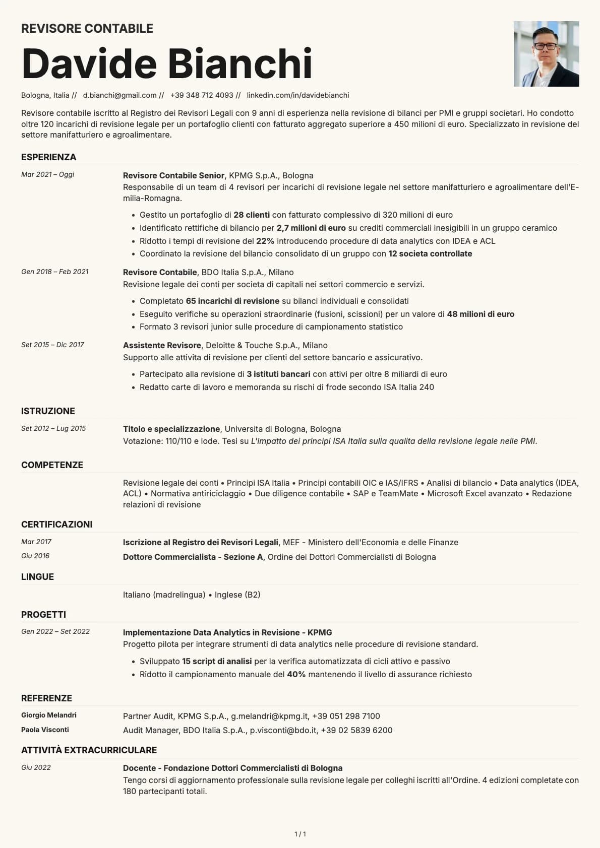 Revisore Contabile resume example