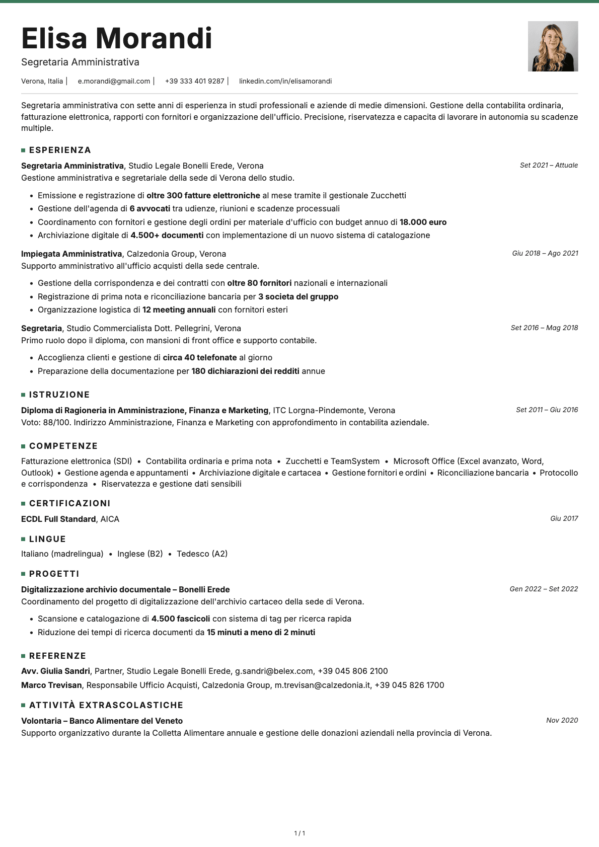 Segretaria Amministrativa resume example