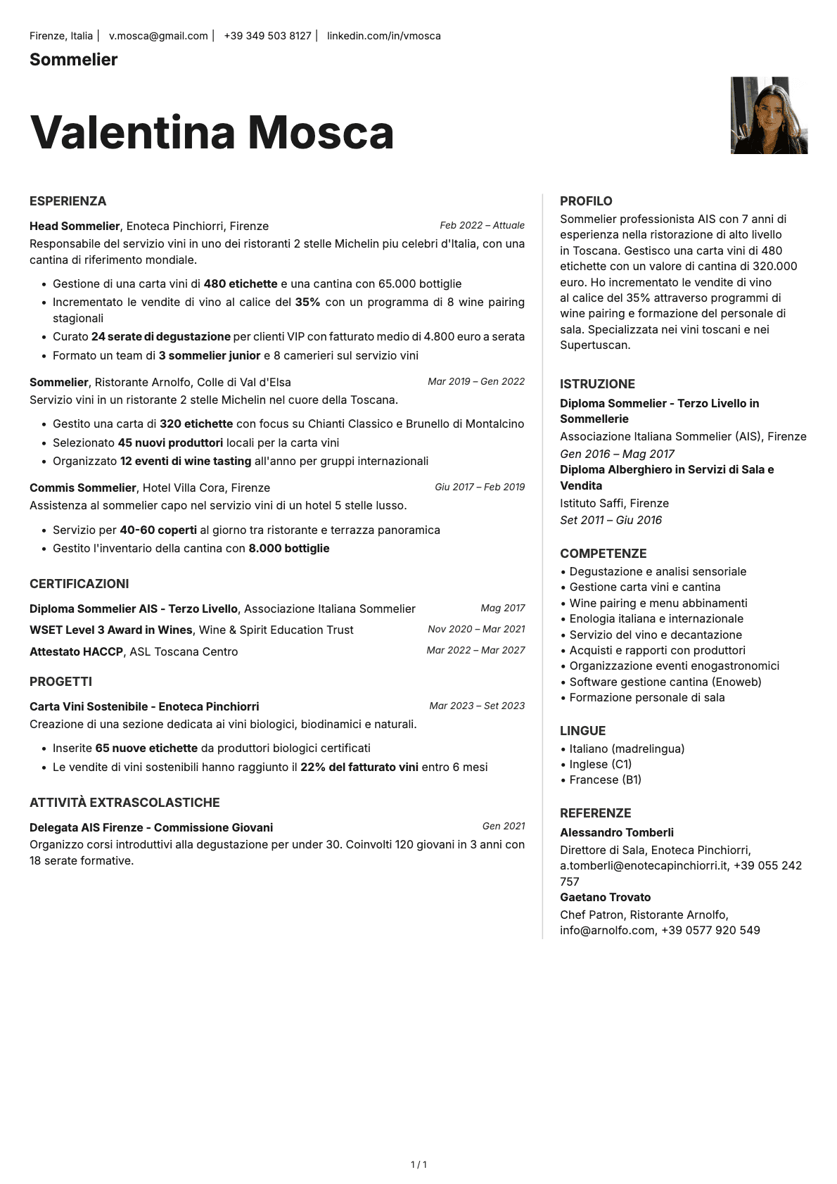 Sommelier resume example