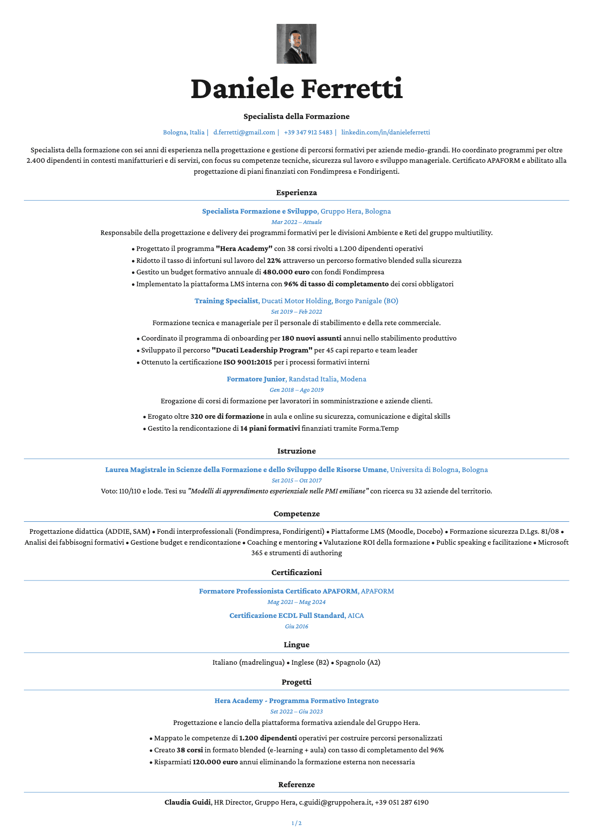 Specialista della Formazione resume example