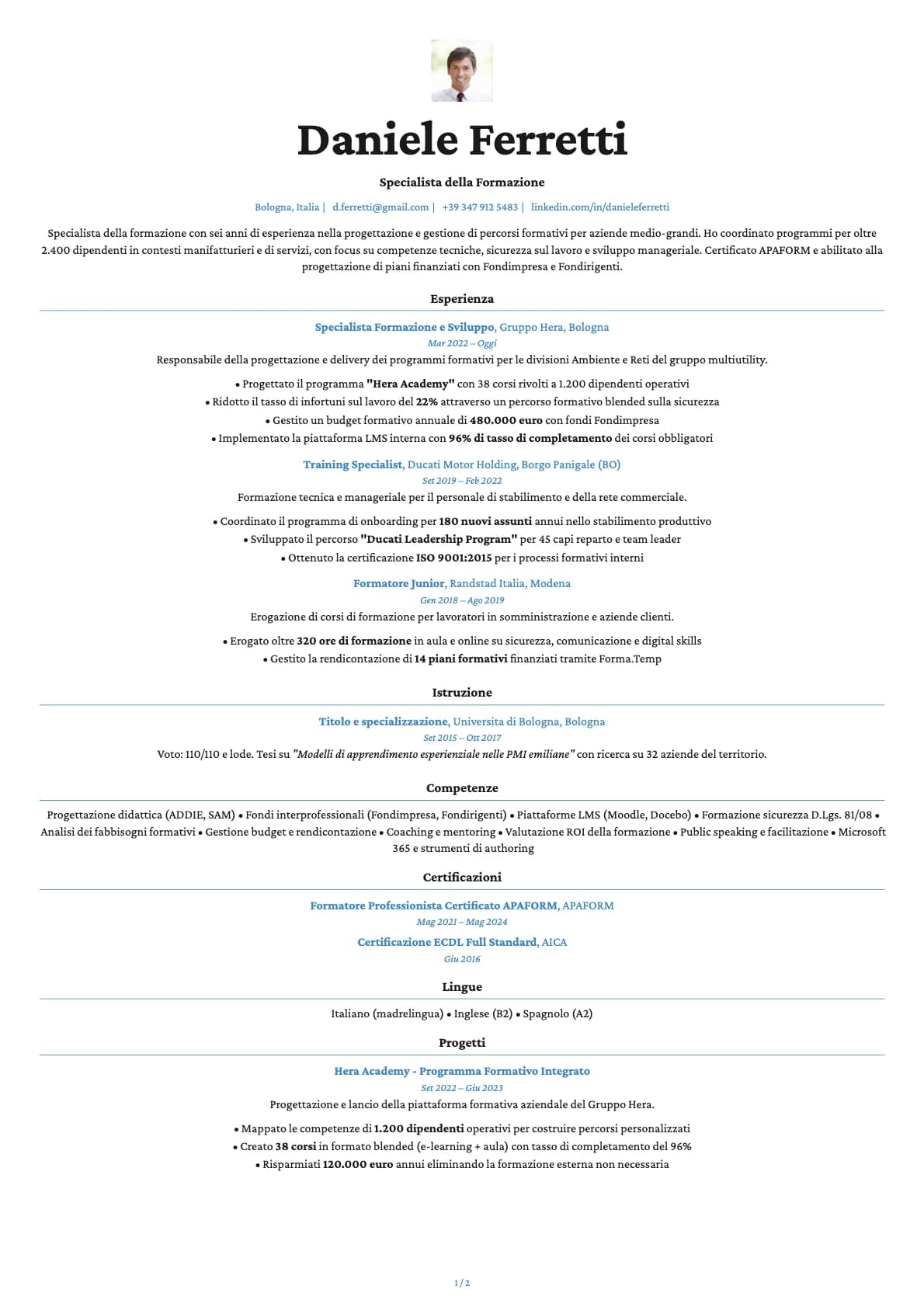 Specialista della Formazione resume example