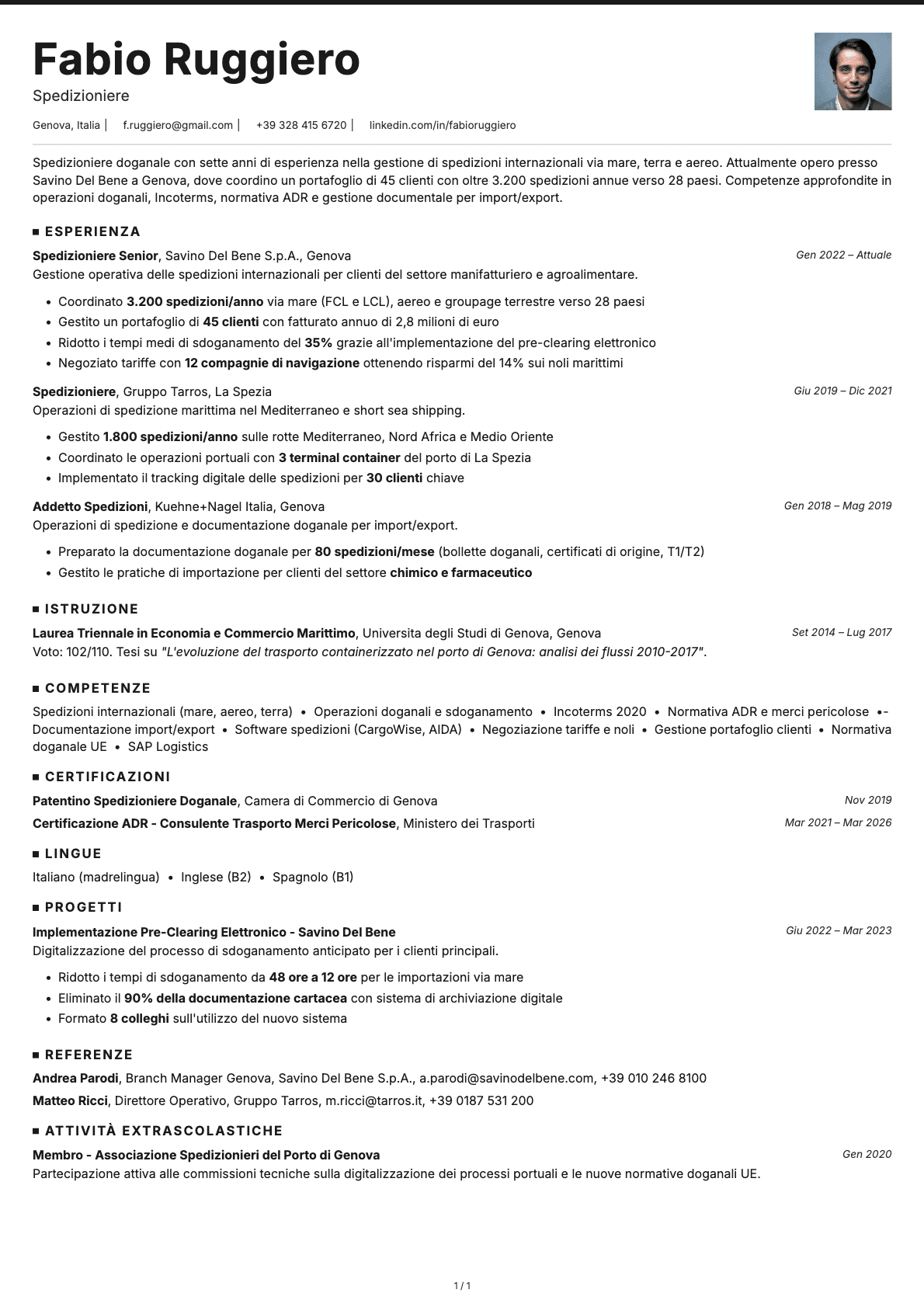 Spedizioniere resume example