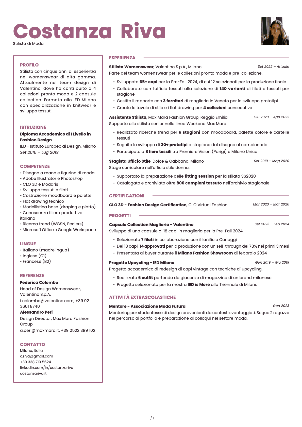 Stilista di Moda resume example