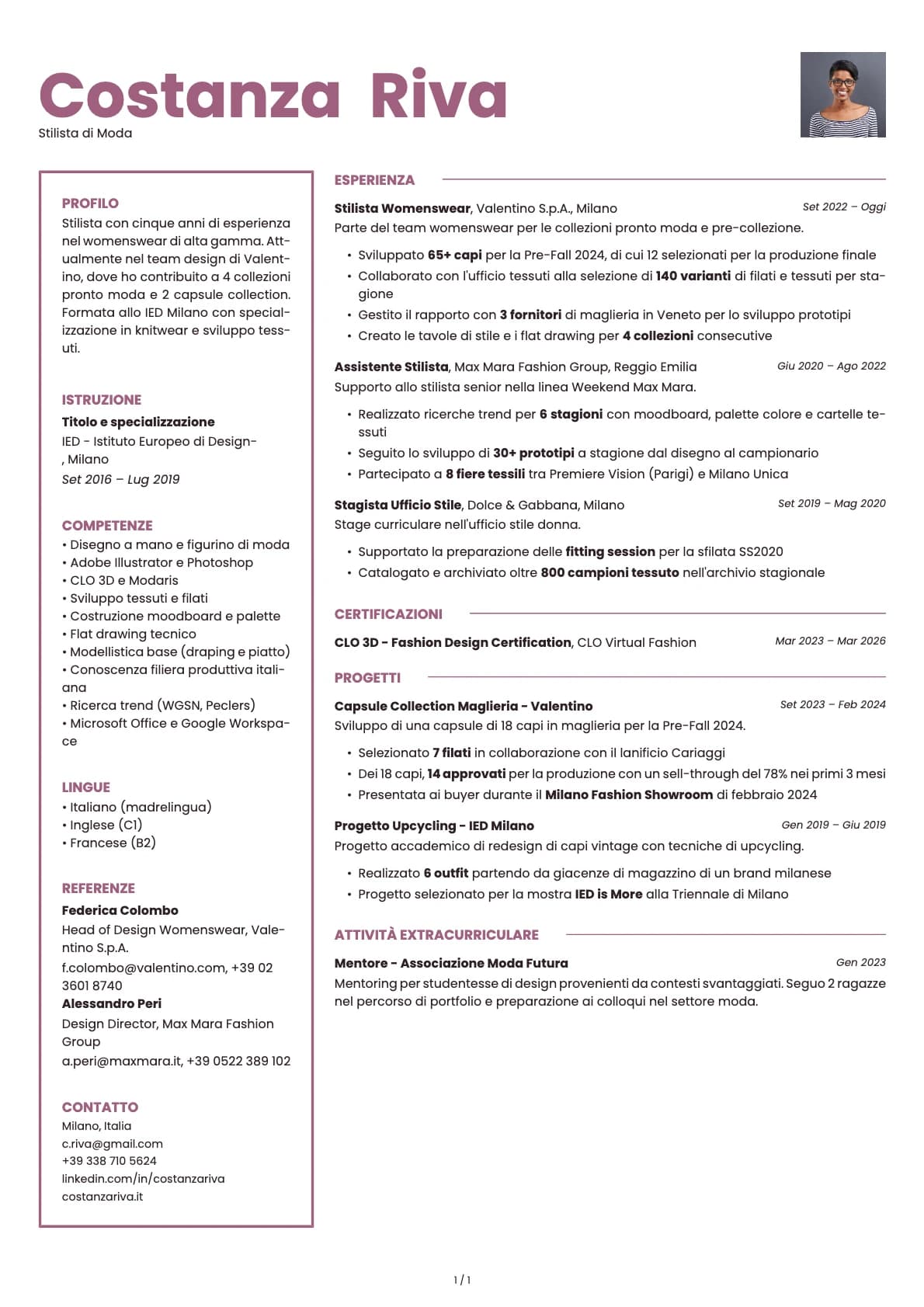 Stilista di Moda resume example
