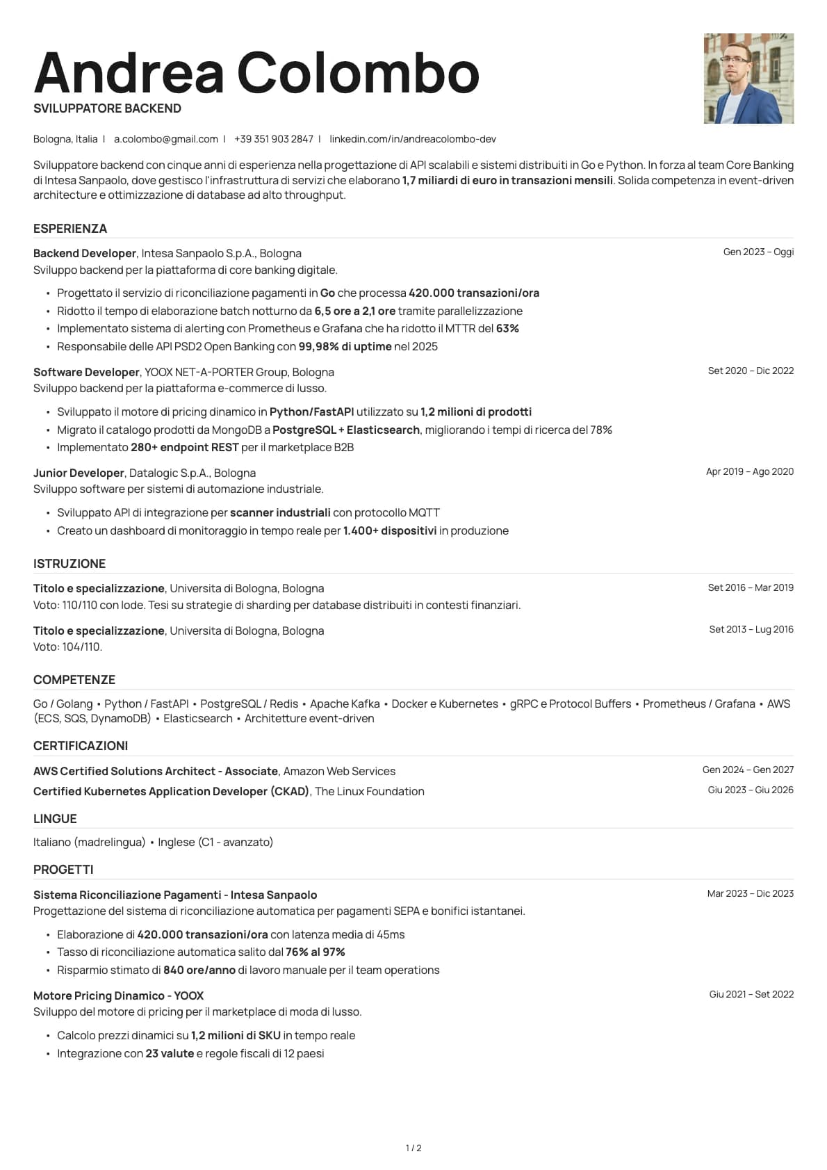Sviluppatore Backend resume example