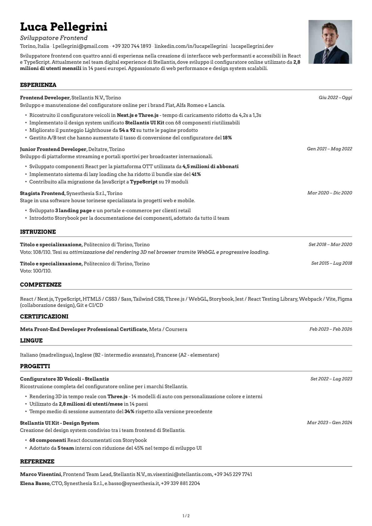 Sviluppatore Frontend resume example