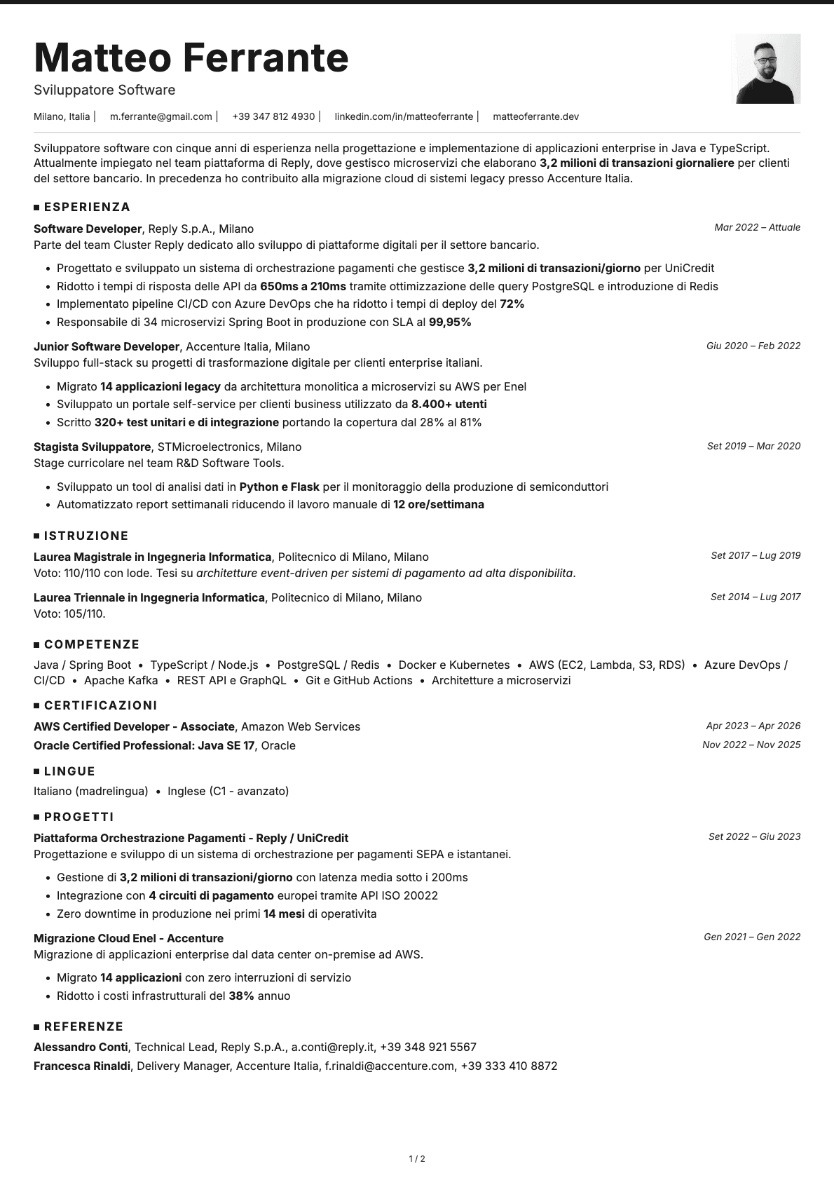 Sviluppatore Software resume example
