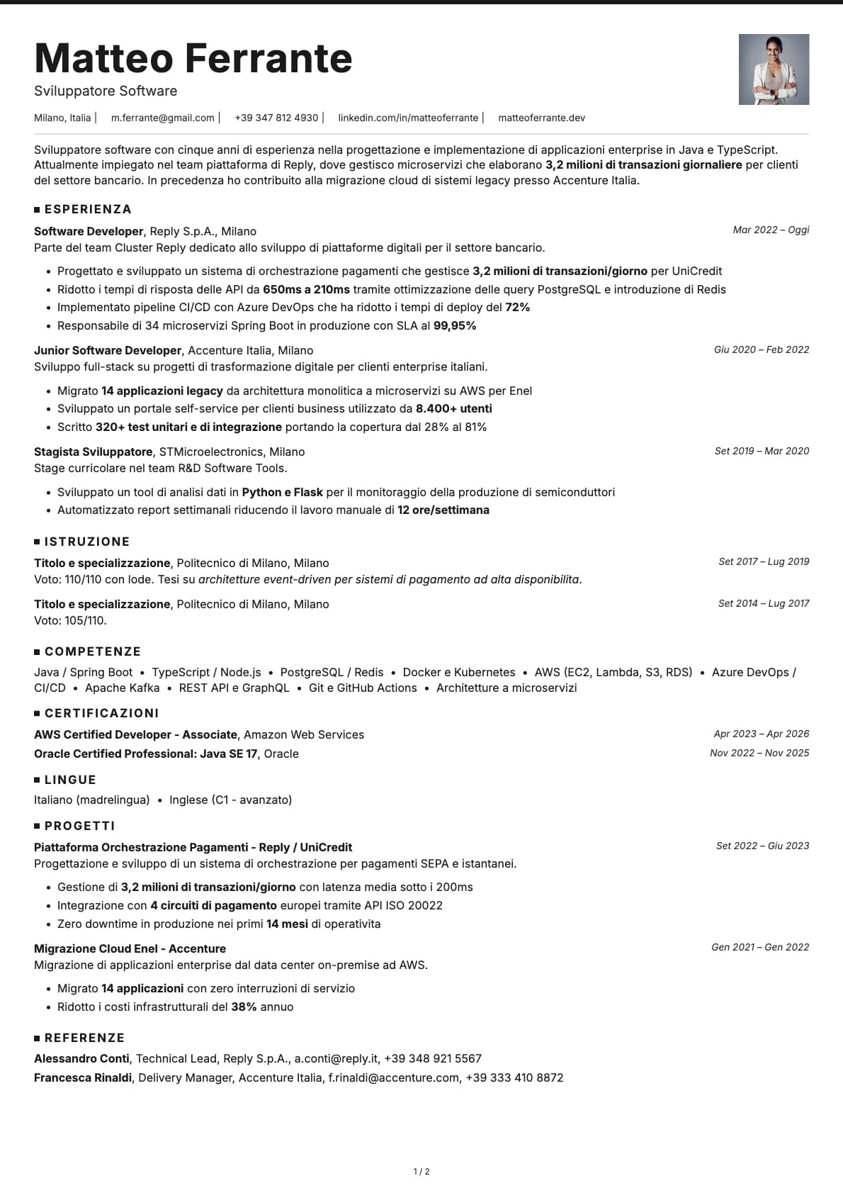 Sviluppatore Software resume example
