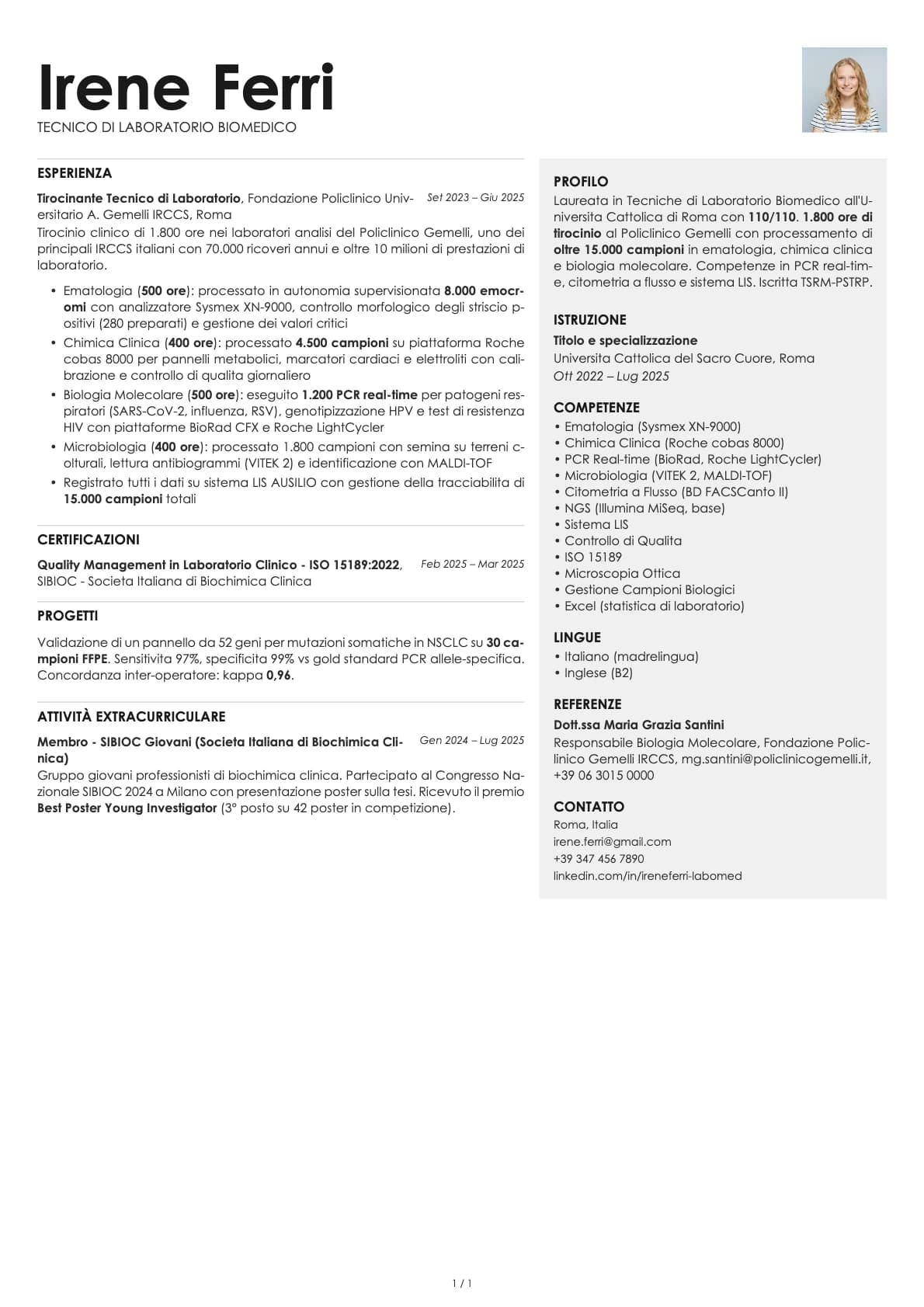Tecnico di Laboratorio Biomedico resume example