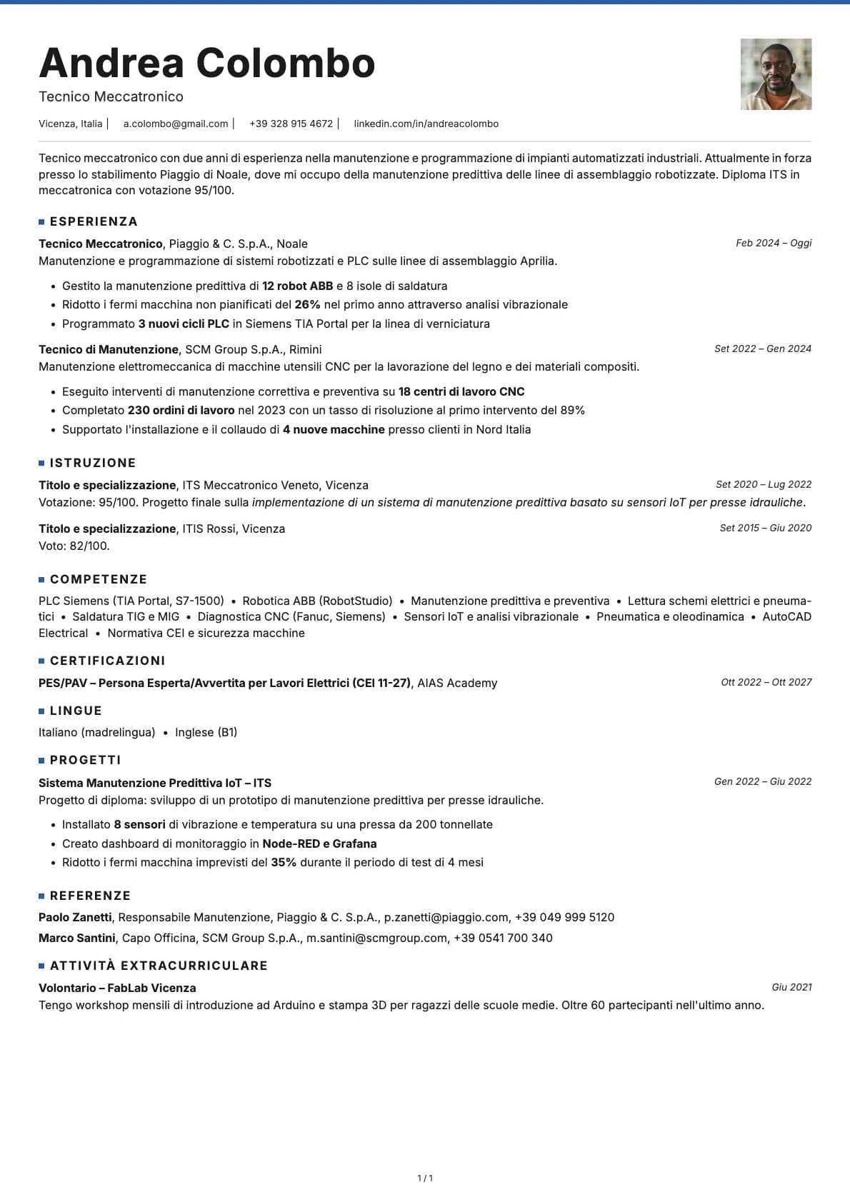 Tecnico Meccatronico resume example