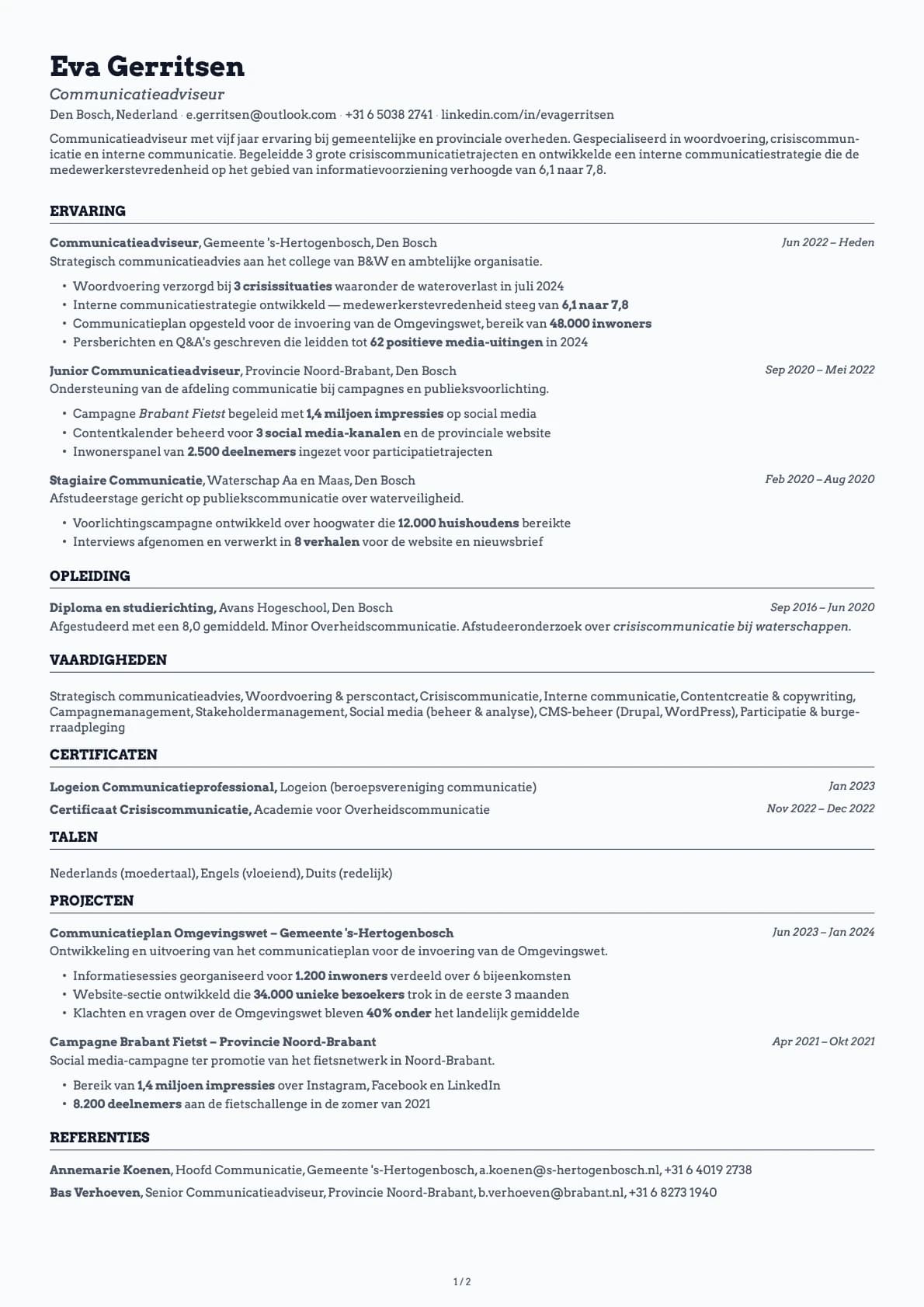 Communicatieadviseur resume example