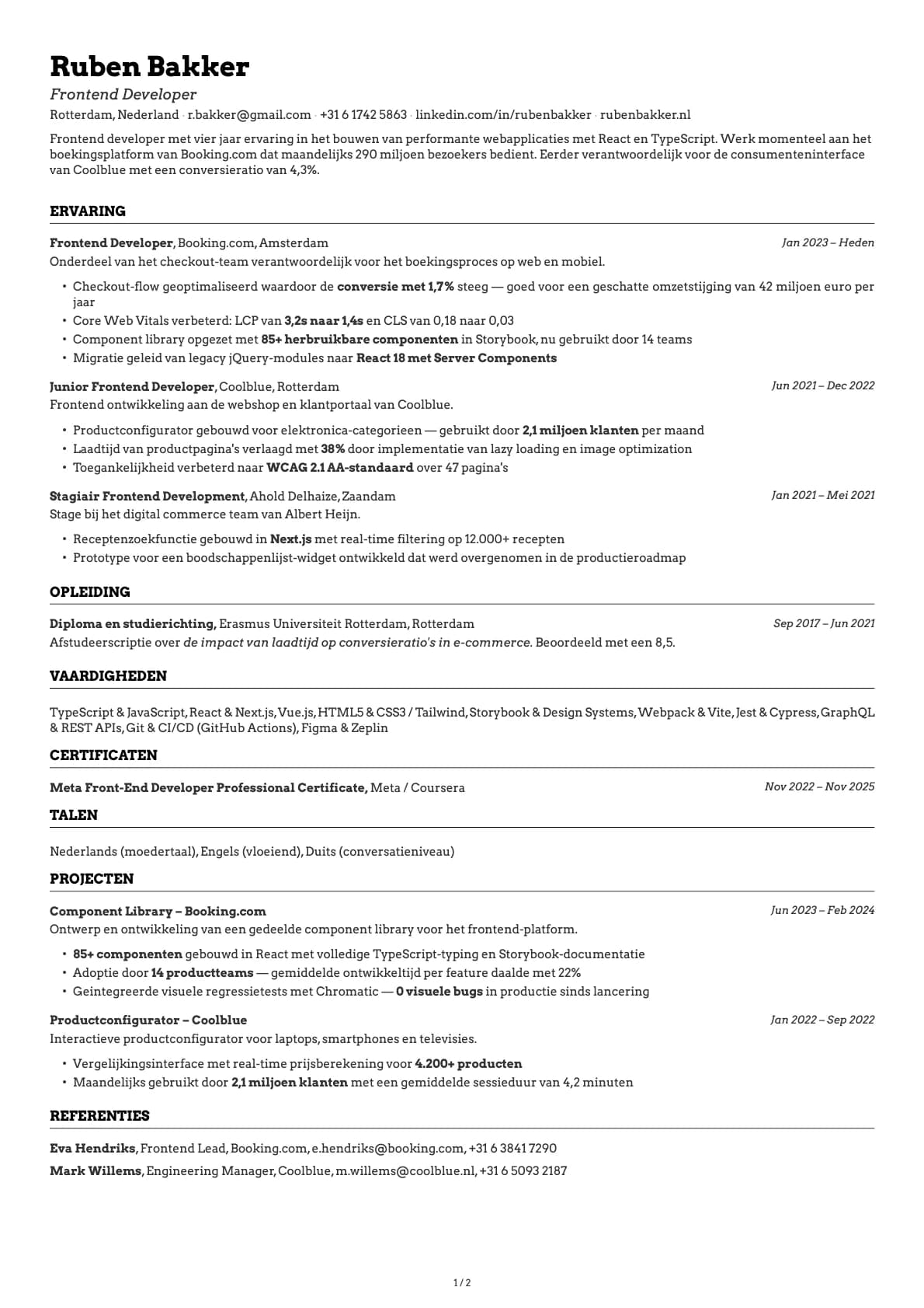 Frontendontwikkelaar resume example