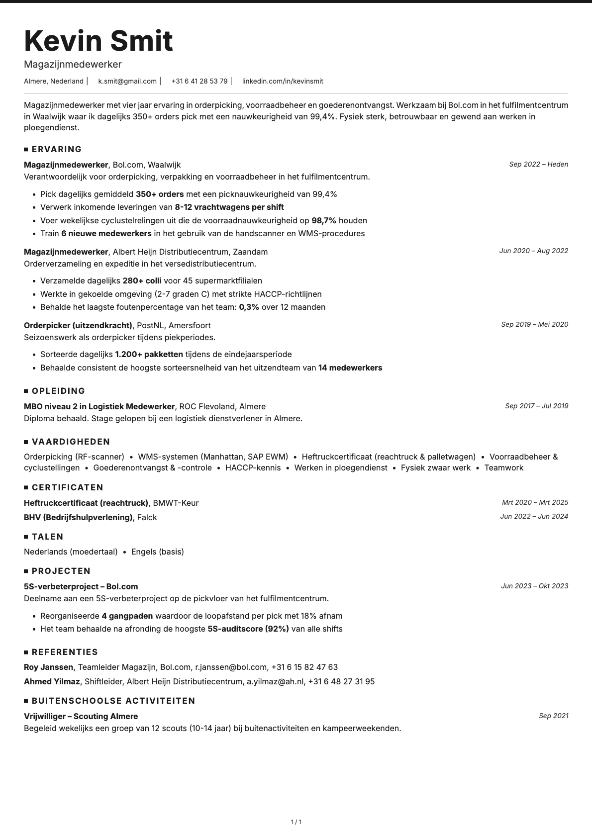 Magazijnmedewerker resume example