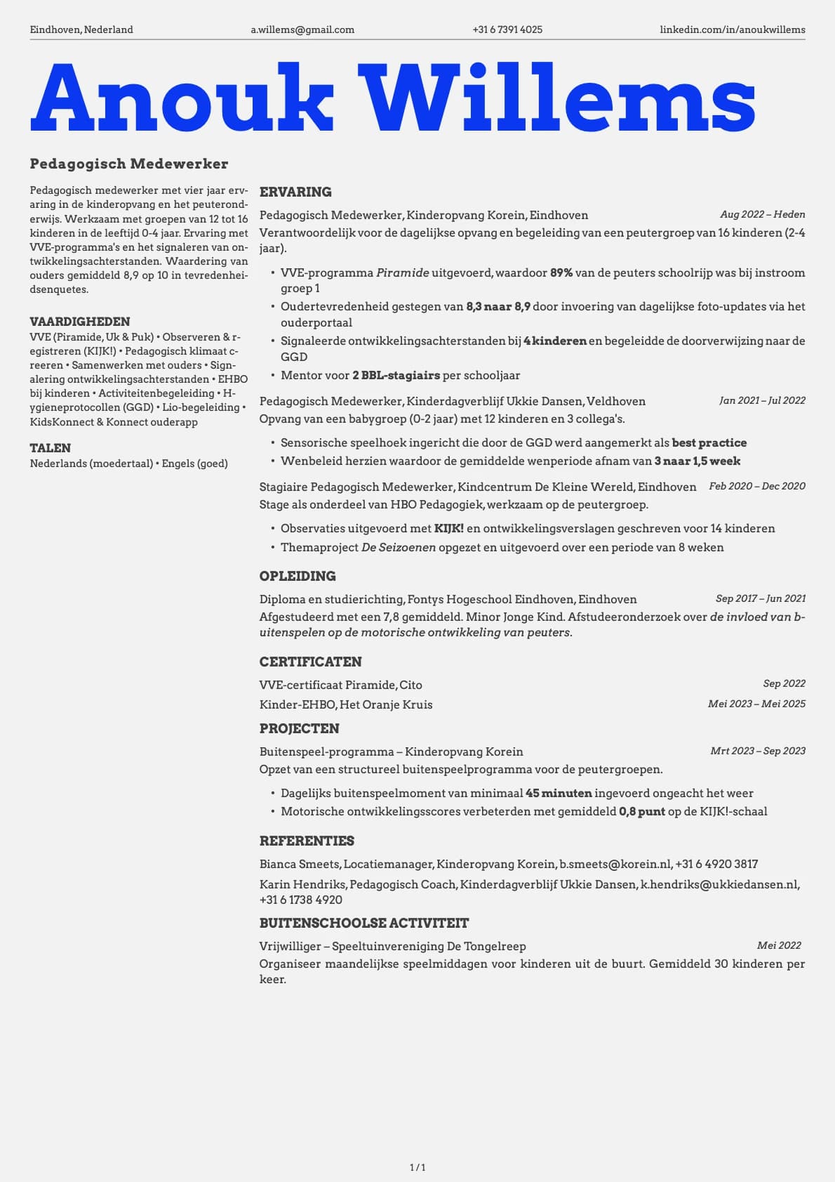 Pedagogisch Medewerker resume example