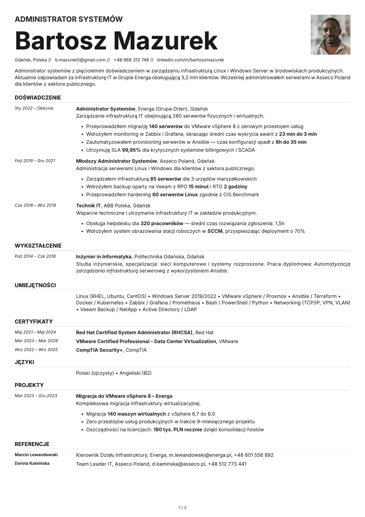 Administrator Systemów resume example
