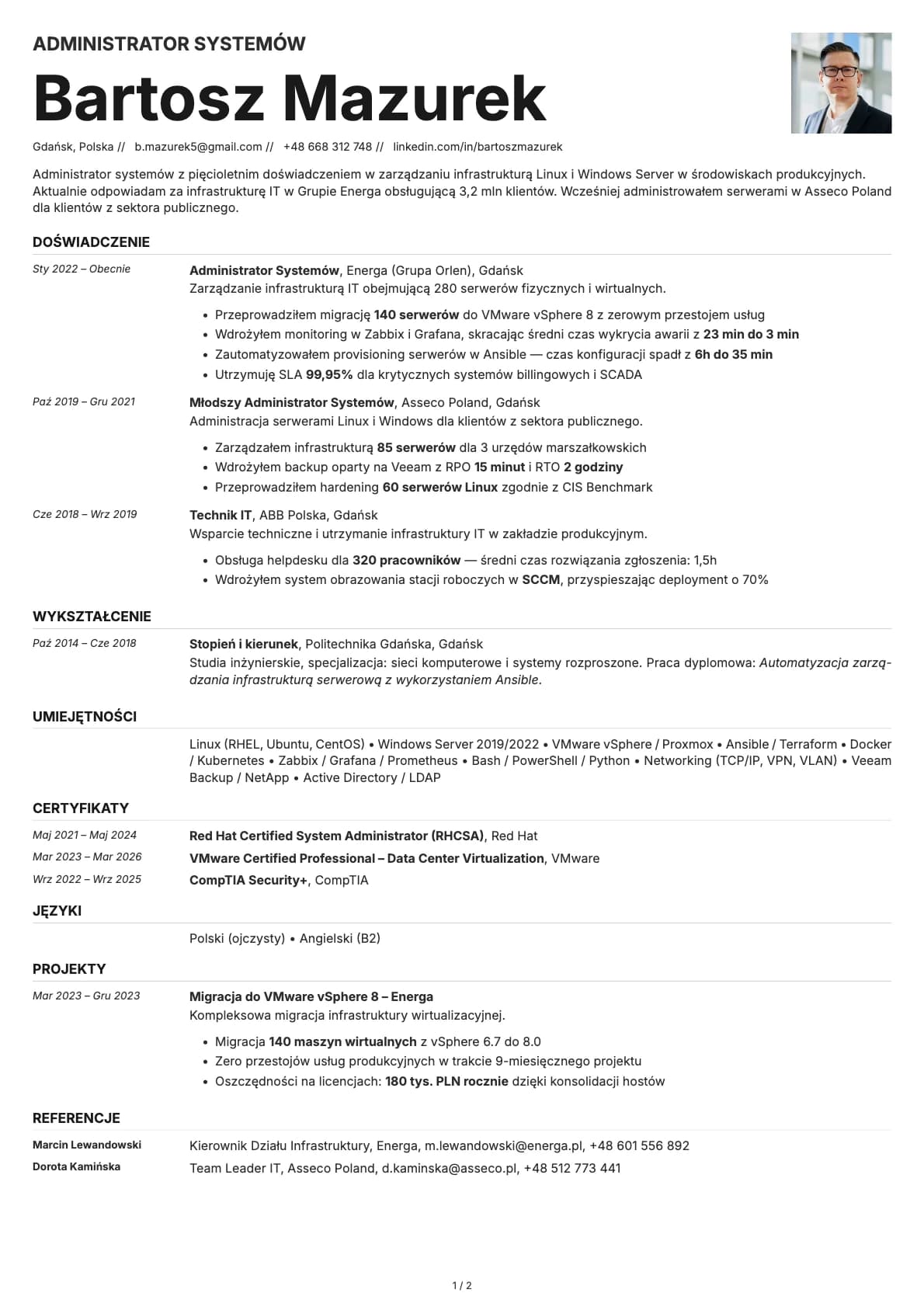 Administrator Systemów resume example