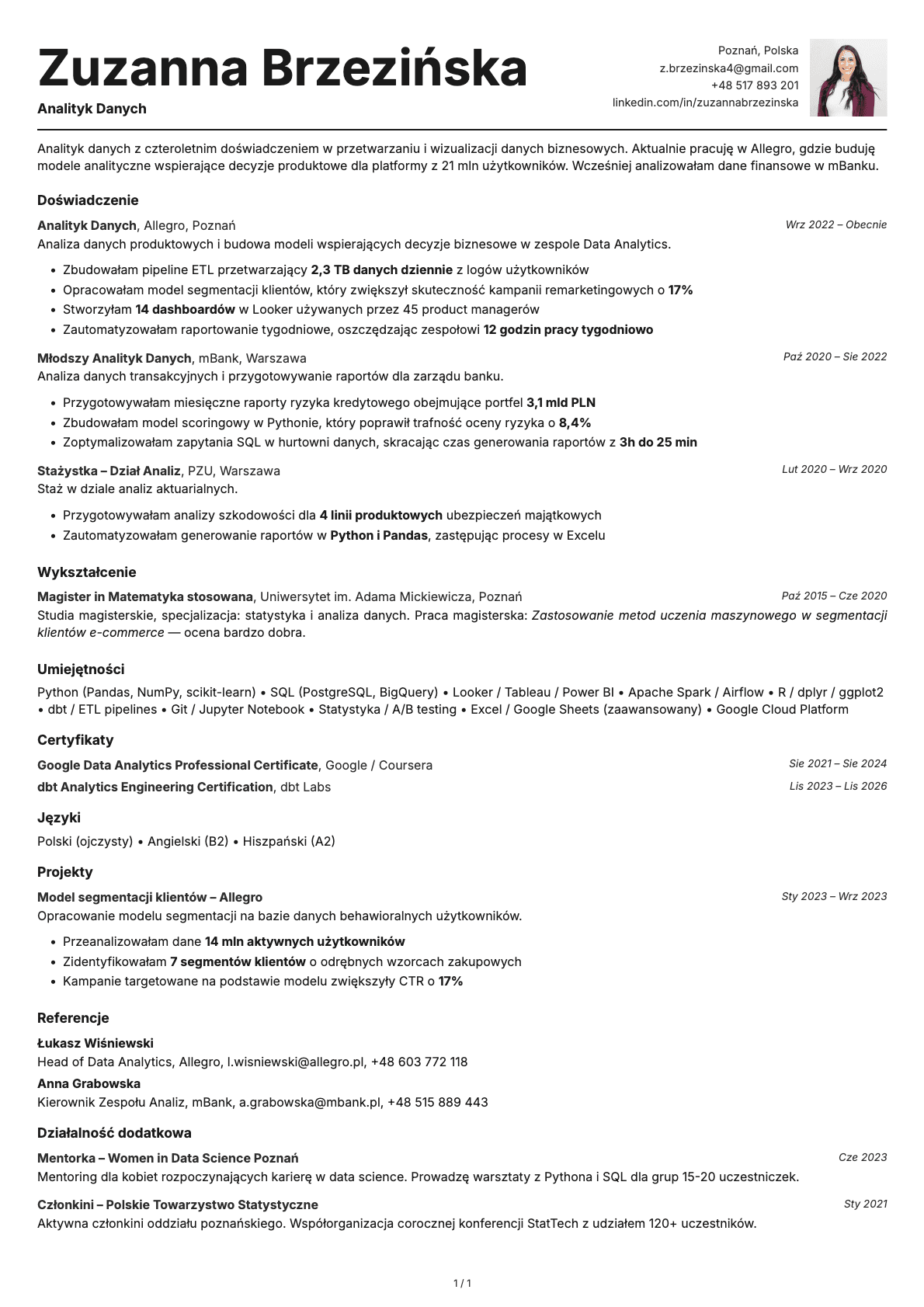 Analityk Danych resume example