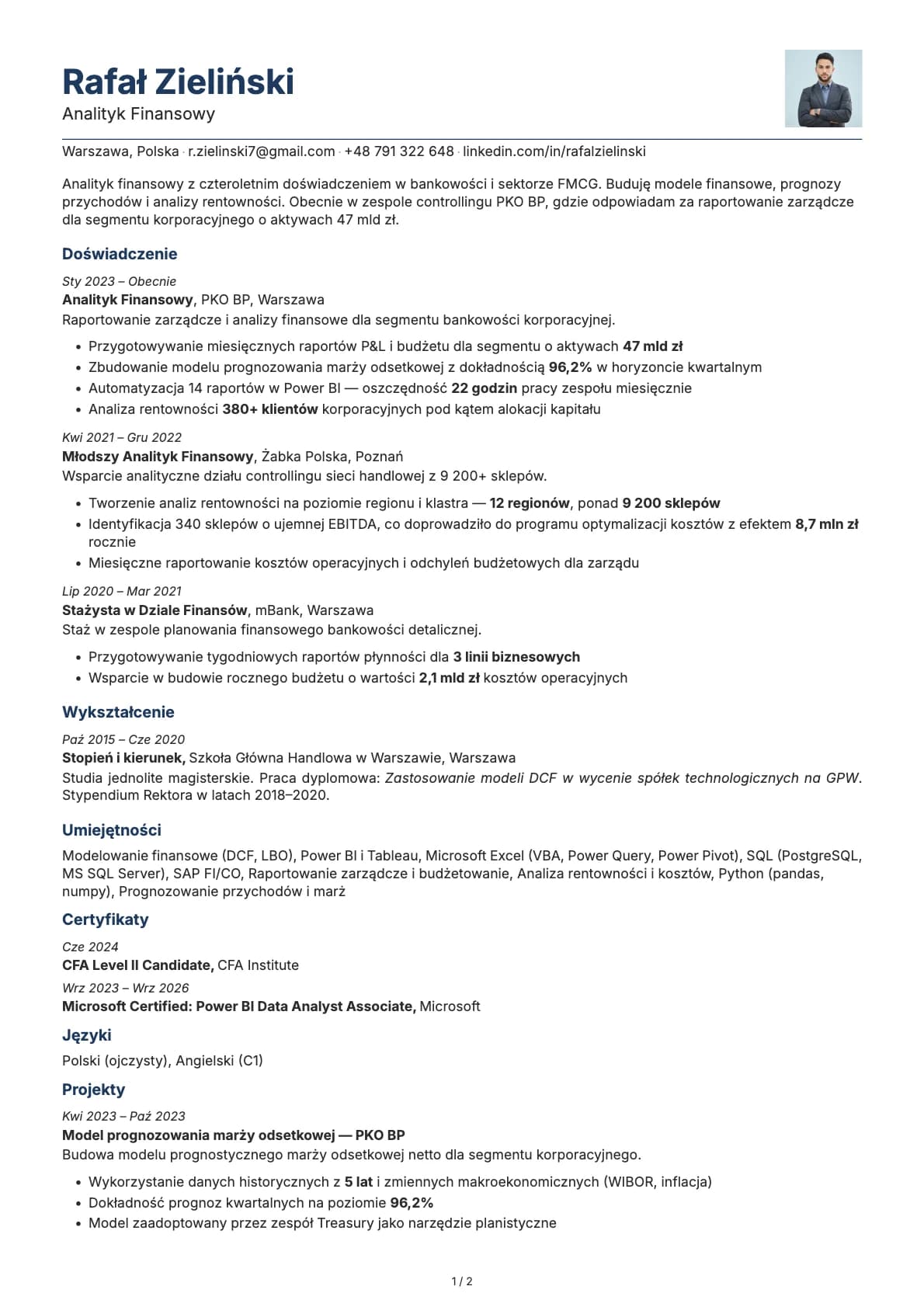 Analityk Finansowy resume example