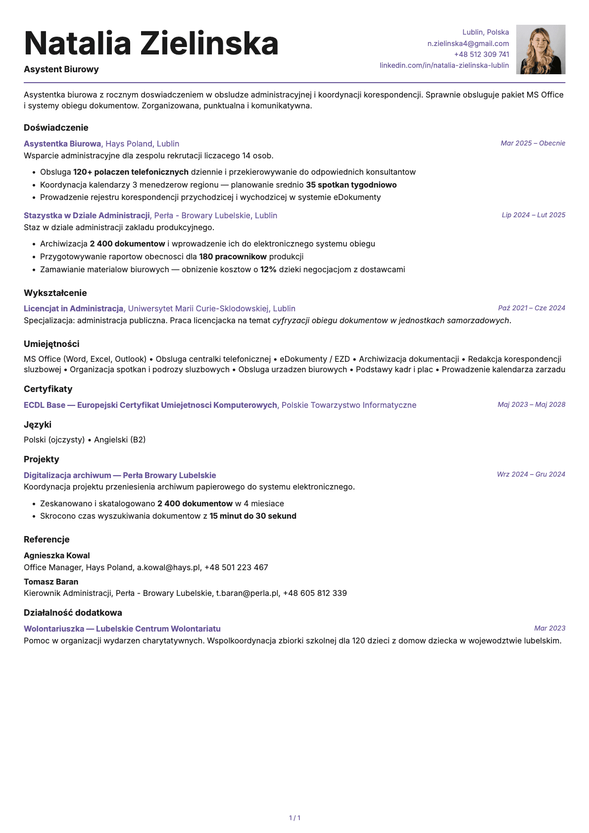 Asystent Biurowy resume example