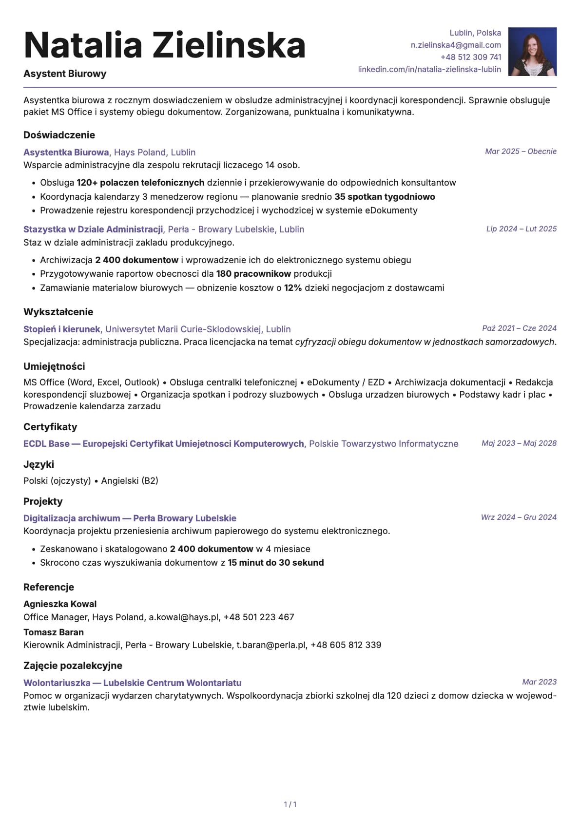 Asystent Biurowy resume example