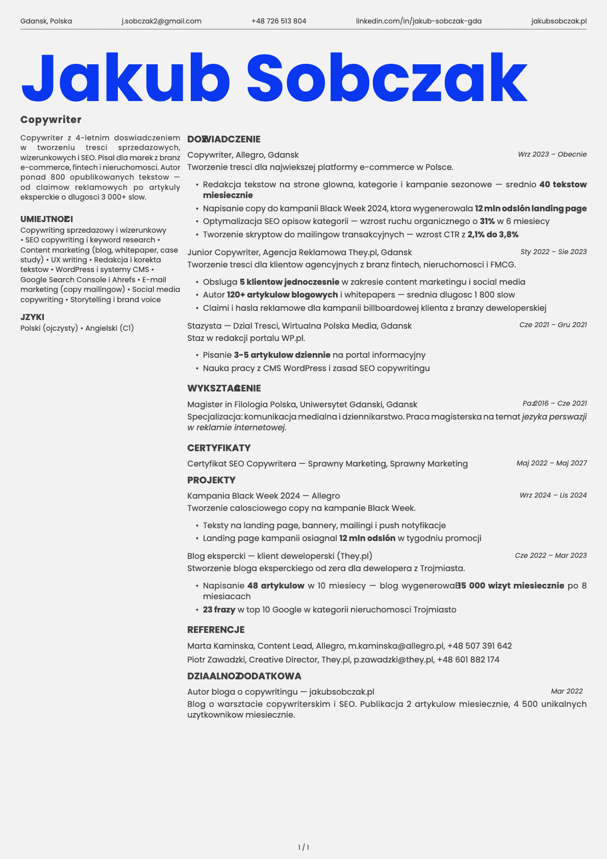 Copywriter resume example