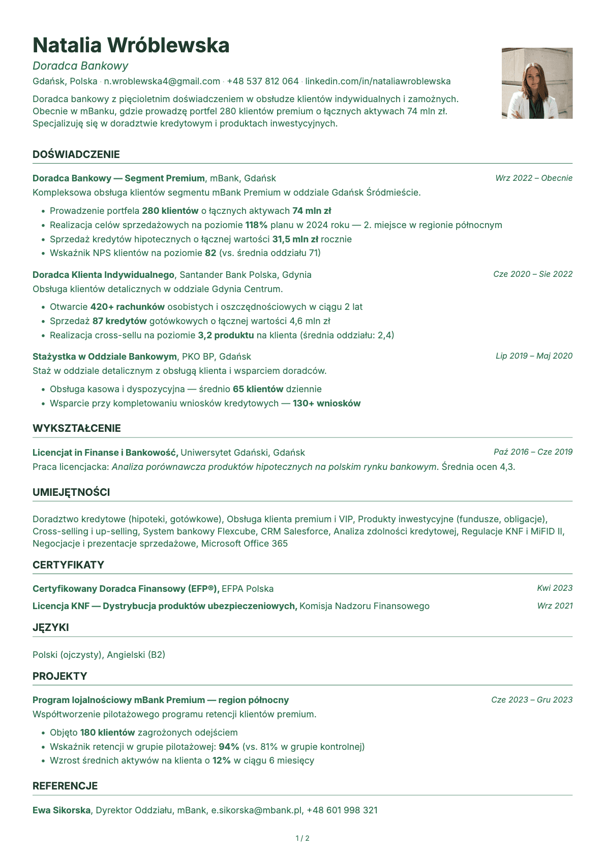 Doradca Bankowy resume example