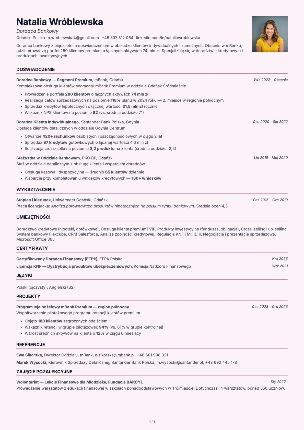 Doradca Bankowy resume example