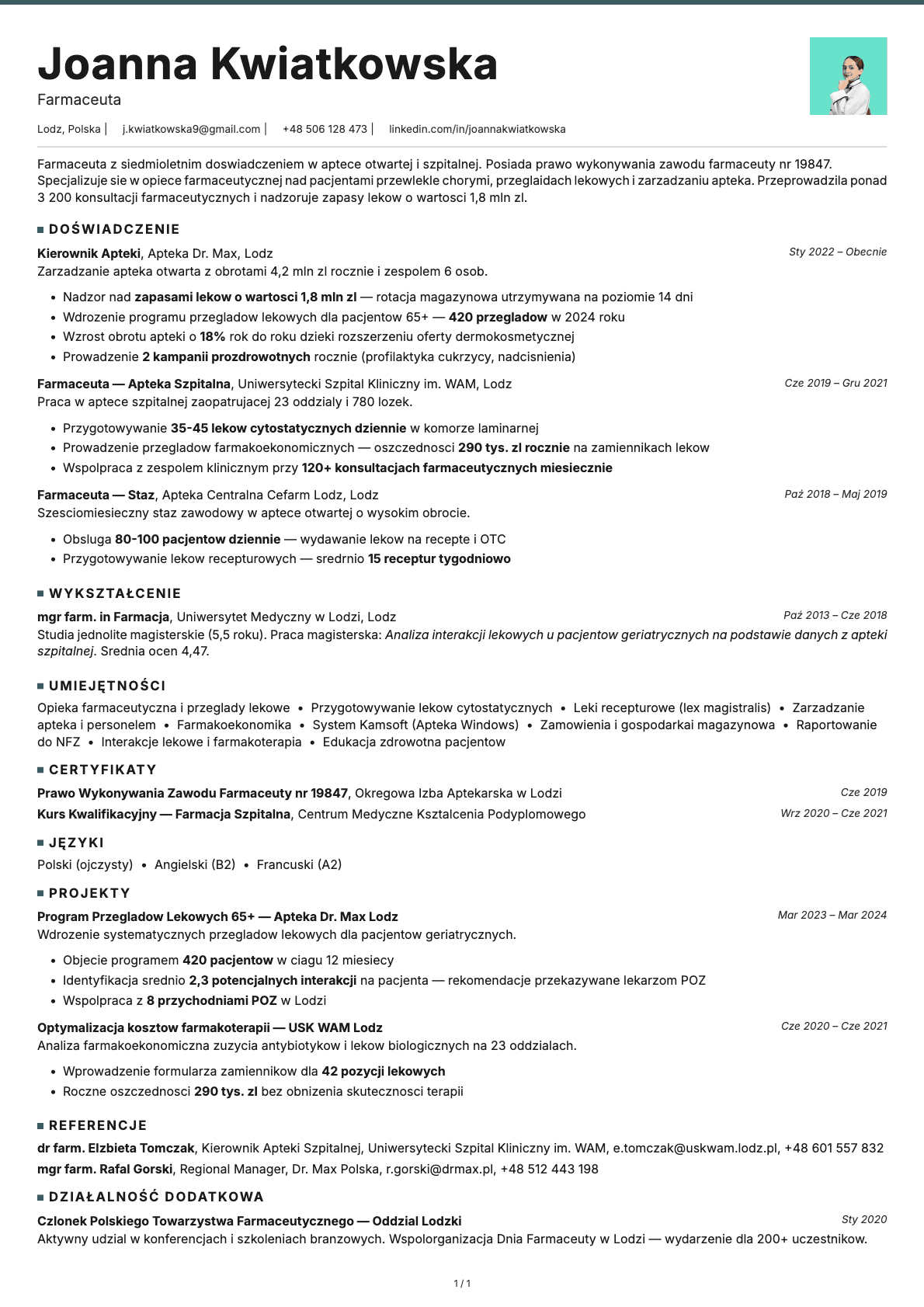 Farmaceuta resume example