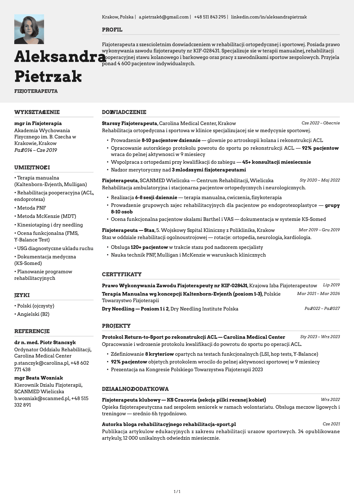 Fizjoterapeuta resume example