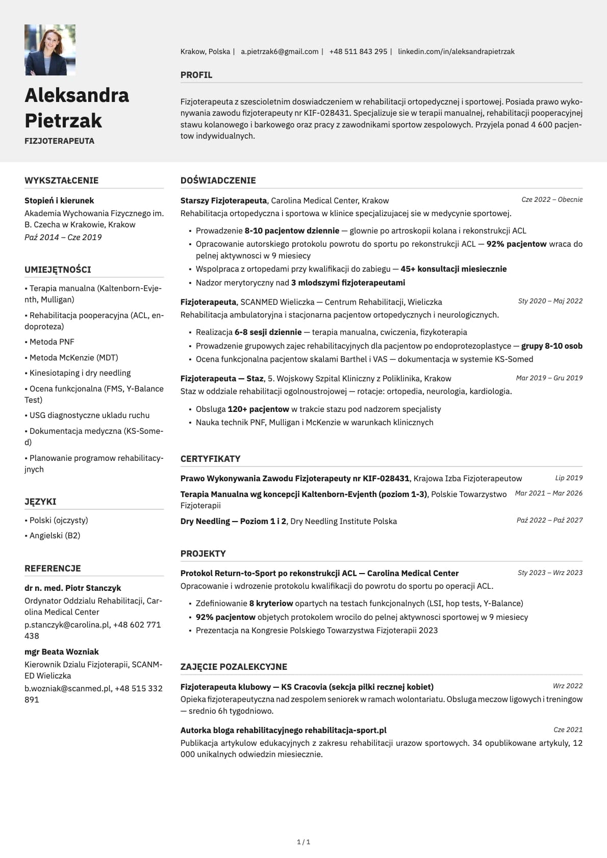 Fizjoterapeuta resume example
