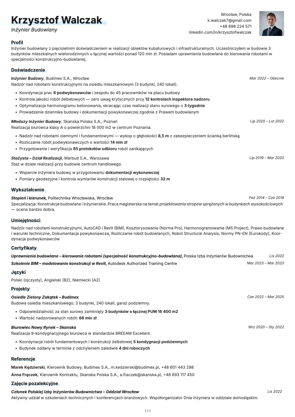 Inżynier Budowlany resume example